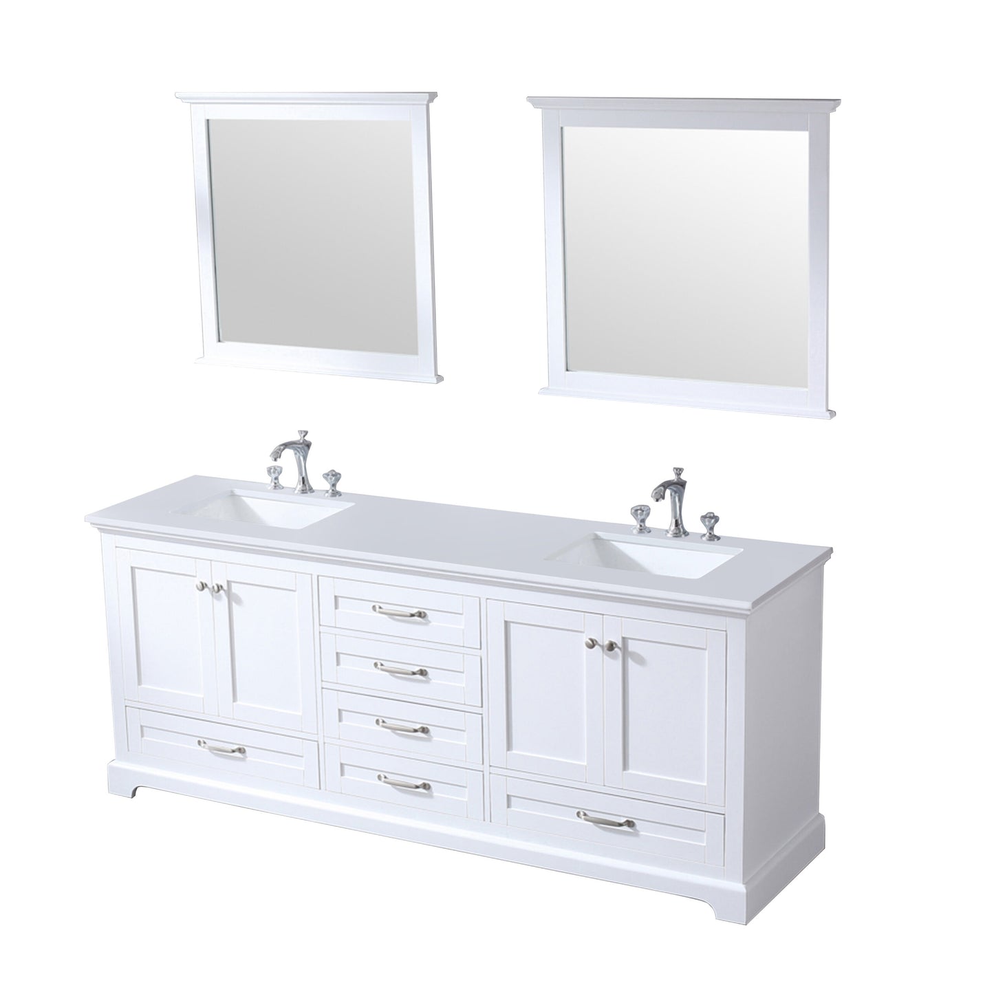 Dukes 80" White Double Vanity, White Quartz Top, White Square Sinks and 30" Mirrors