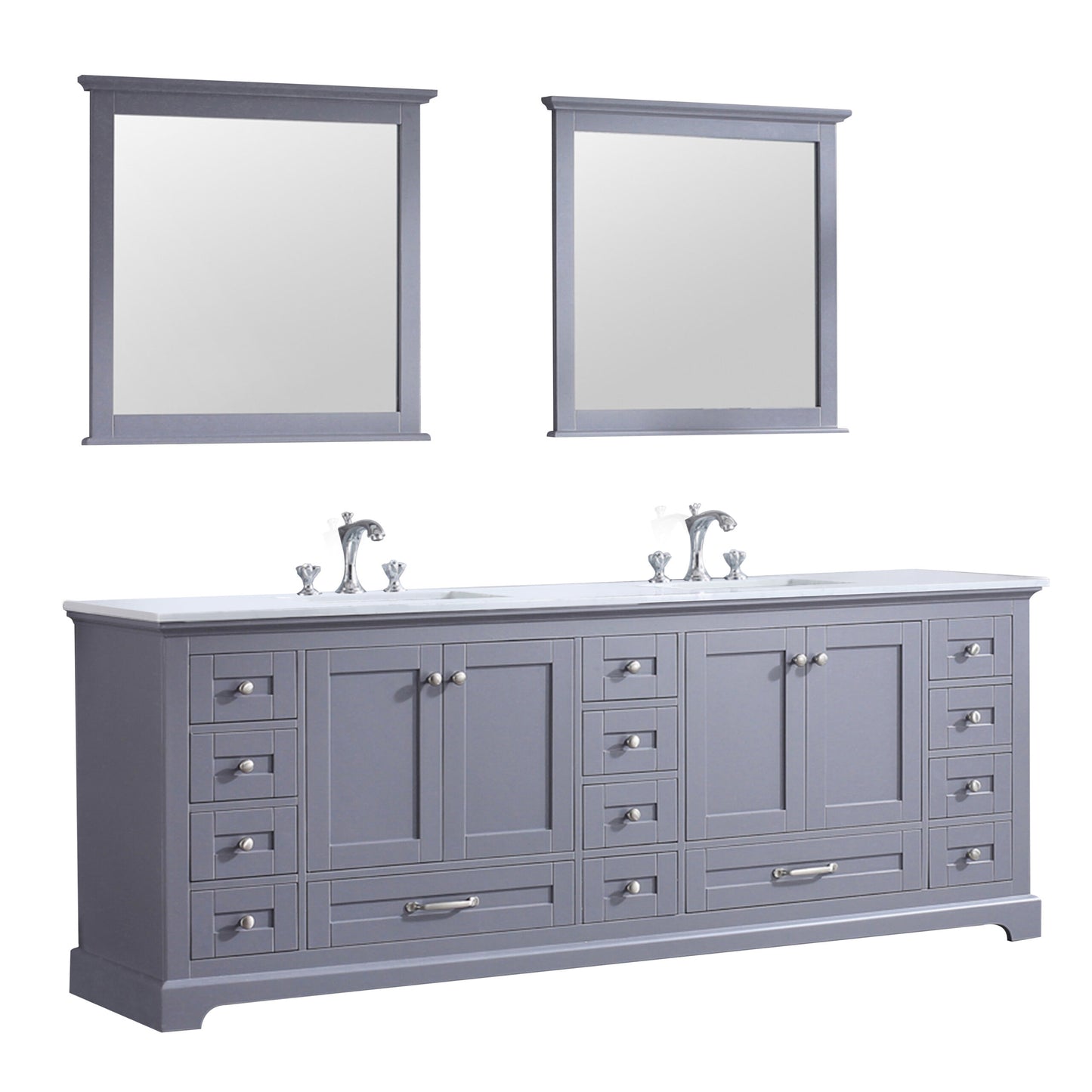 Dukes 84" Dark Grey Double Vanity, White Quartz Top, White Square Sinks and 34" Mirrors w/ Faucets