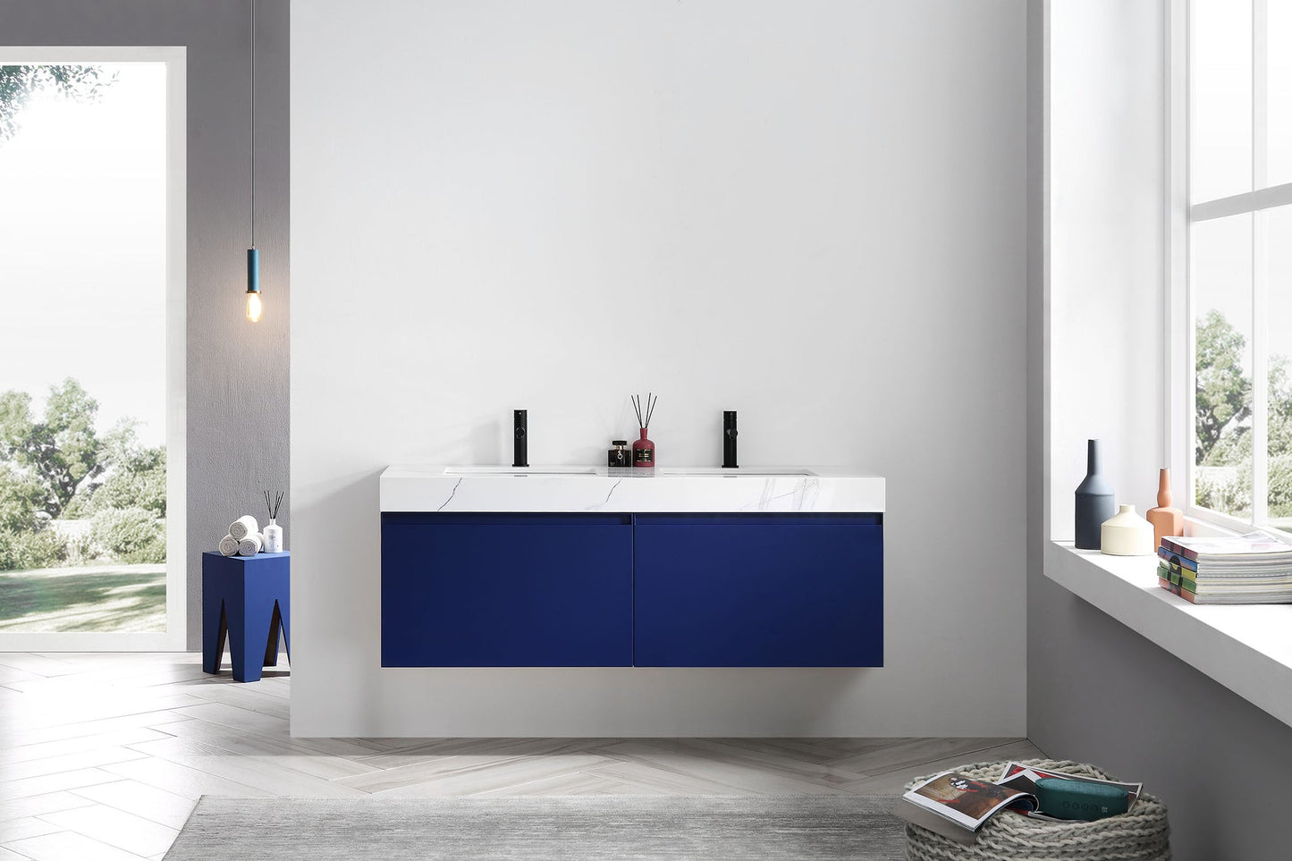 MANAROLA 60” NAVY BLUE WITH THICK QUARTZ WALL MOUNT MODERN BATHROOM VANITY