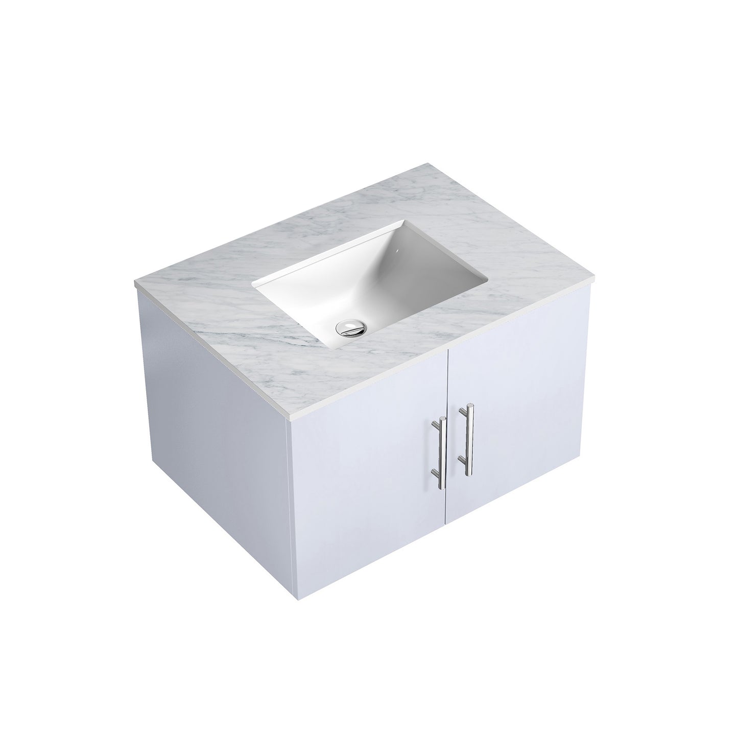 Geneva 30" Glossy White Single Vanity, White Carrara Marble Top, White Square Sink and no Mirror