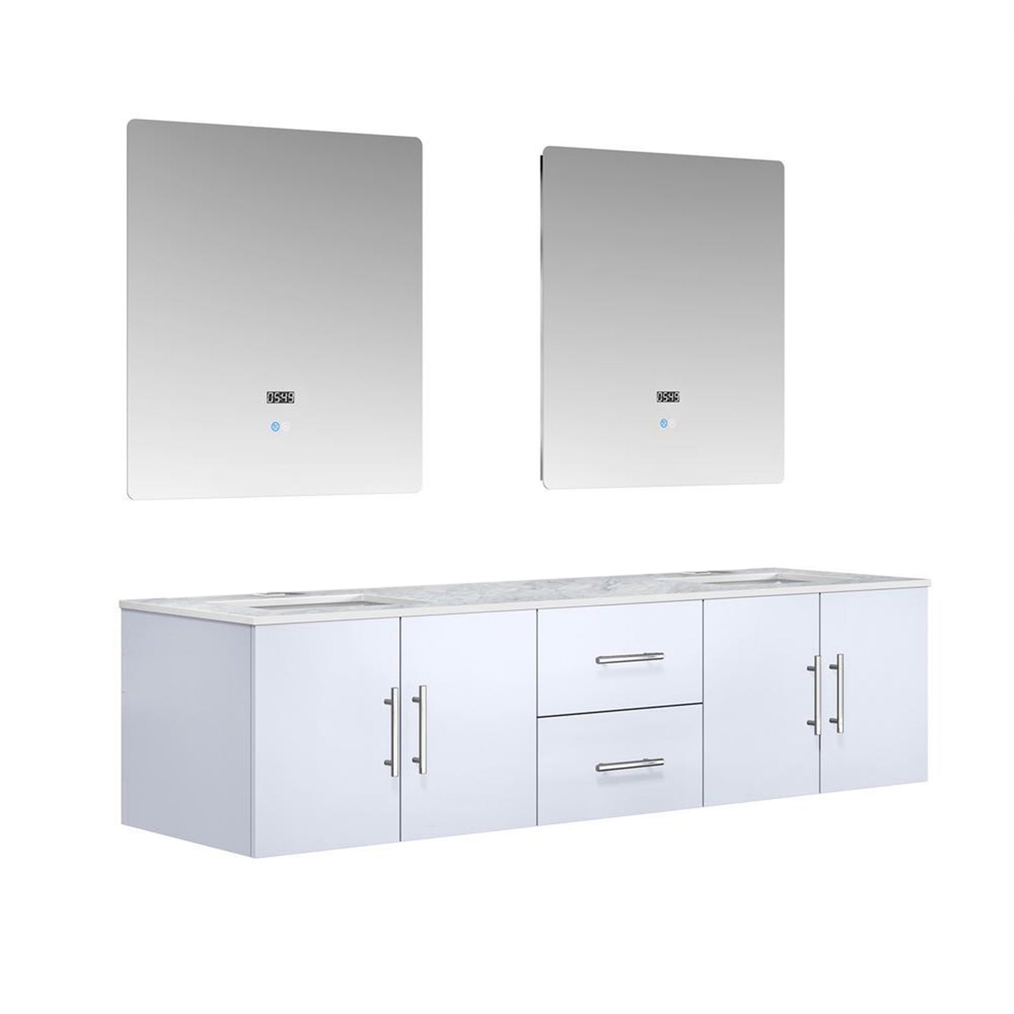 Geneva 72" Glossy White Double Vanity, White Carrara Marble Top, White Square Sinks and 30" LED Mirrors