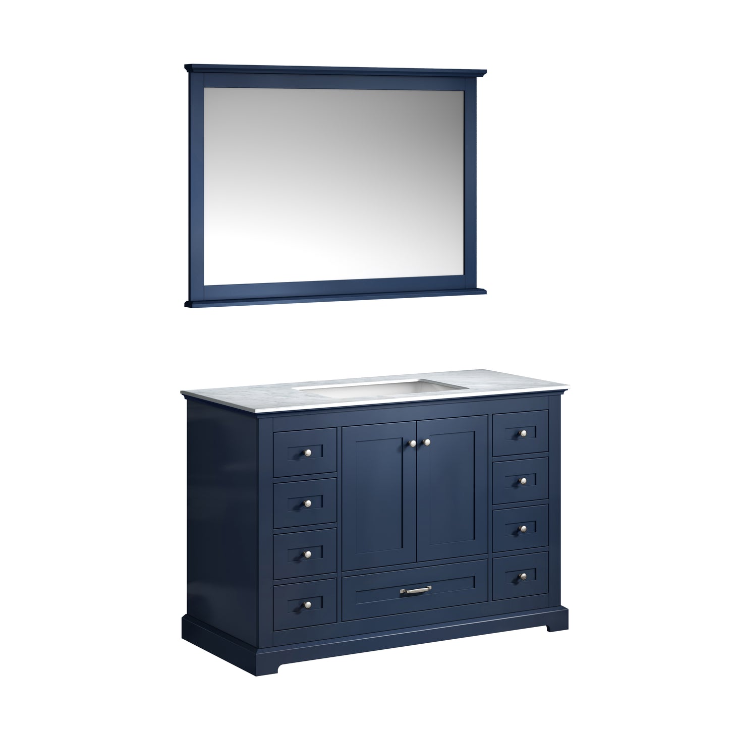 Dukes 48" Navy Blue Single Vanity, White Carrara Marble Top, White Square Sink and 46" Mirror