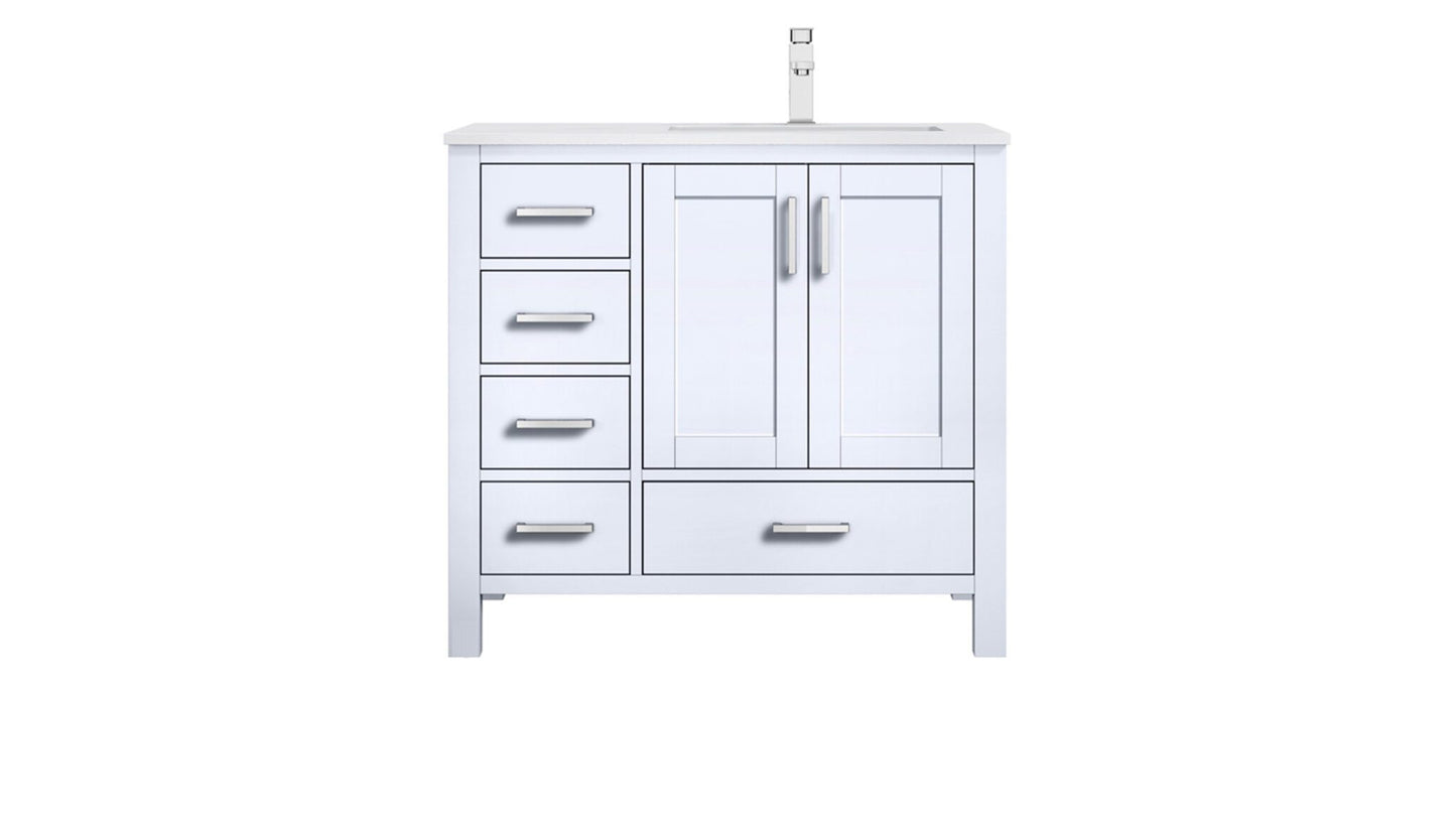 Jacques 36" White Single Vanity, Quartz Top, White Square Sink and no Mirror - Right Version