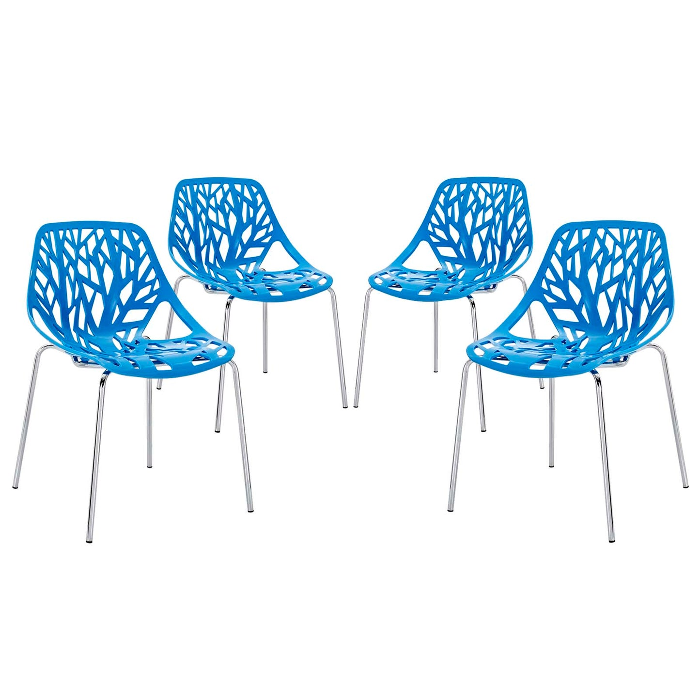 Modway Stencil Modern Stacking Four Kitchen and Dining Room Chairs in Blue