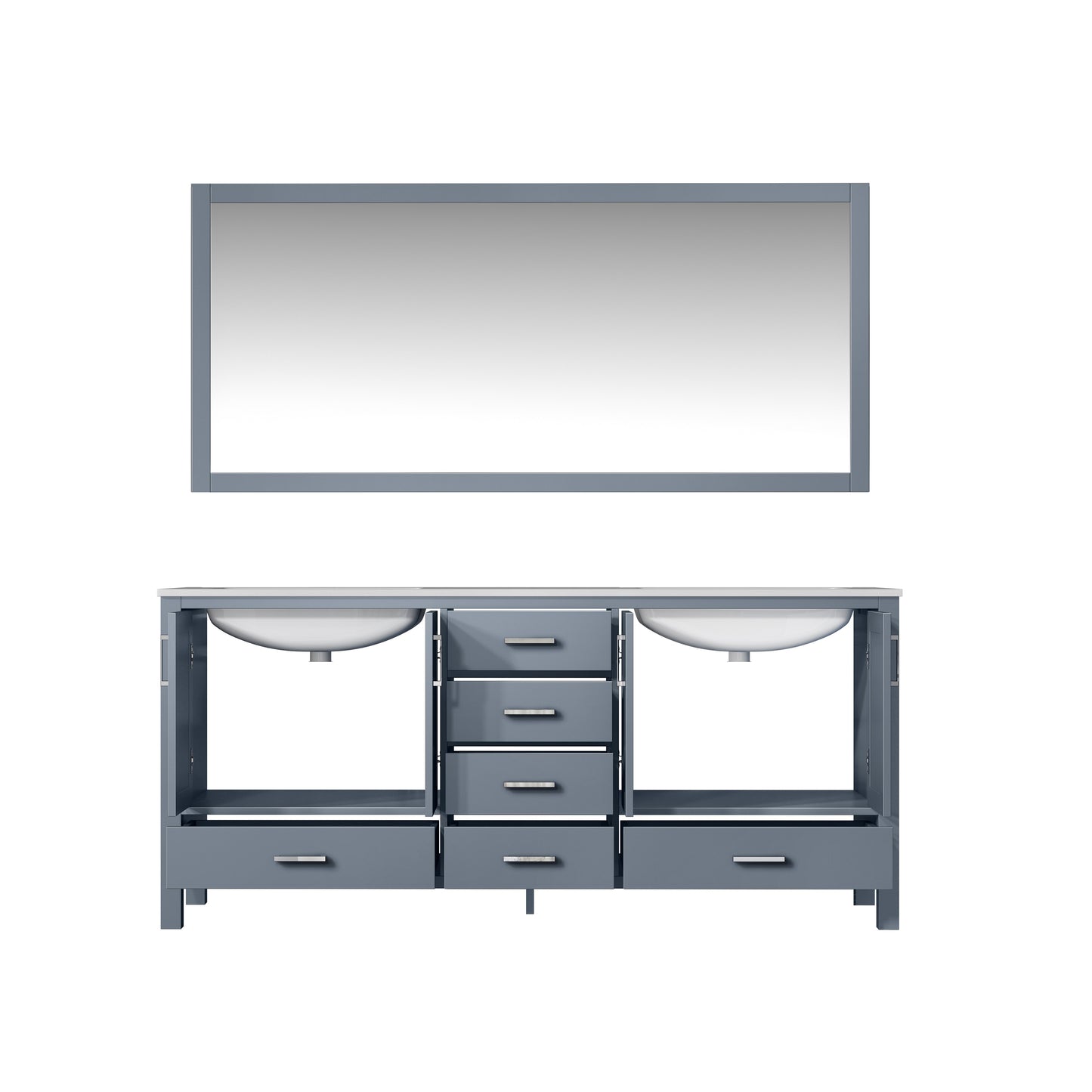 Jacques 72" Dark Grey Double Vanity, White Carrara Marble Top, White Square Sinks and 70" Mirror