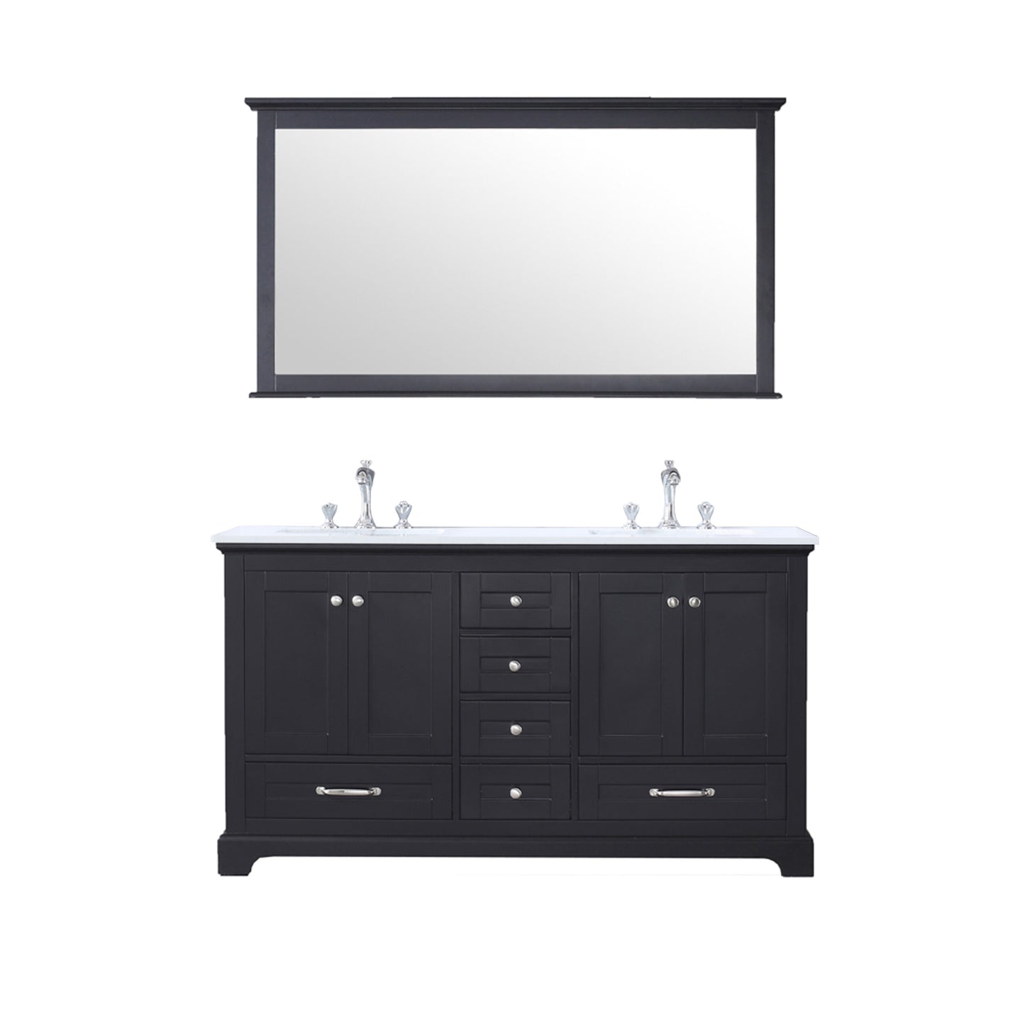 Dukes 60" Espresso Double Vanity, White Quartz Top, White Square Sinks and 58" Mirror