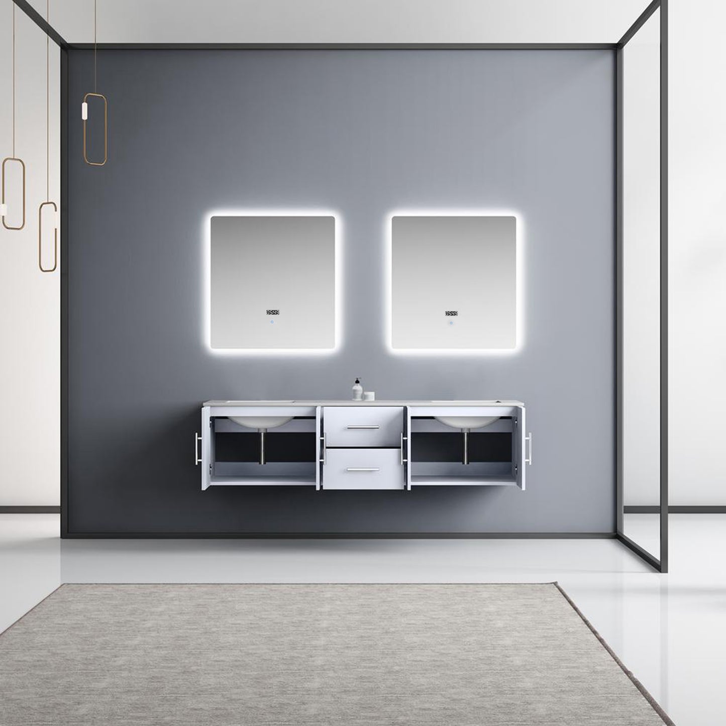 Geneva 72" Glossy White Double Vanity, White Carrara Marble Top, White Square Sinks and 30" LED Mirrors