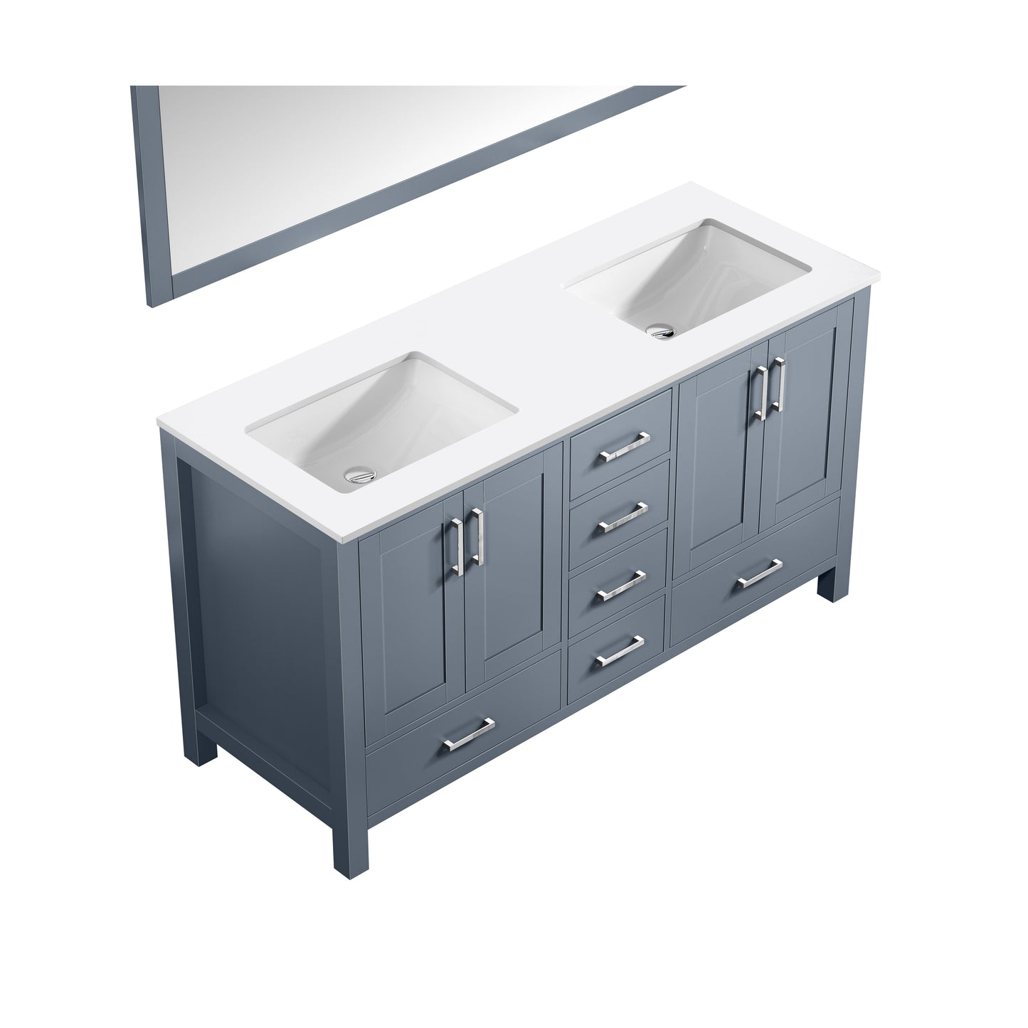 Jacques 60" Dark Grey Double Vanity, White Quartz Top, White Square Sinks and 58" Mirror