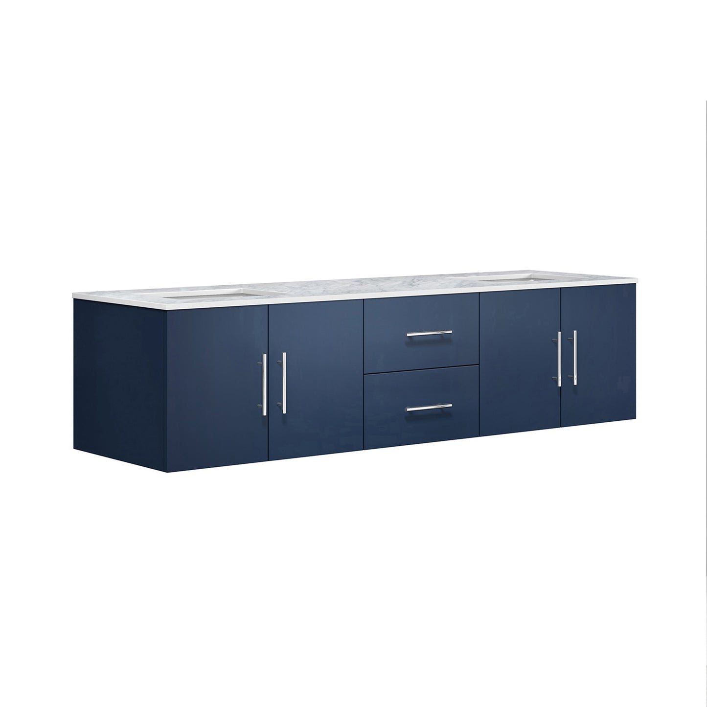 Geneva 72" Navy Blue Double Vanity, White Carrara Marble Top, White Square Sinks and no Mirror