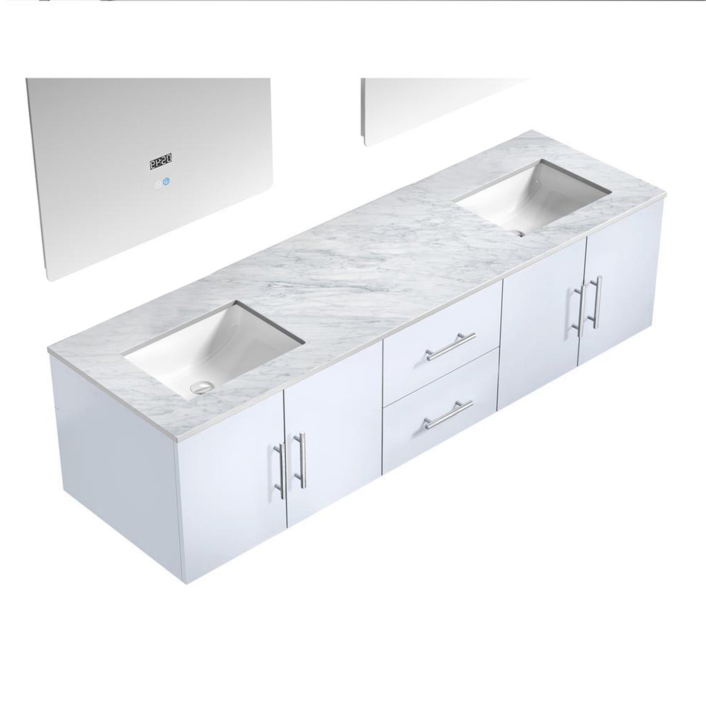 Geneva 72" Glossy White Double Vanity, White Carrara Marble Top, White Square Sinks and 30" LED Mirrors