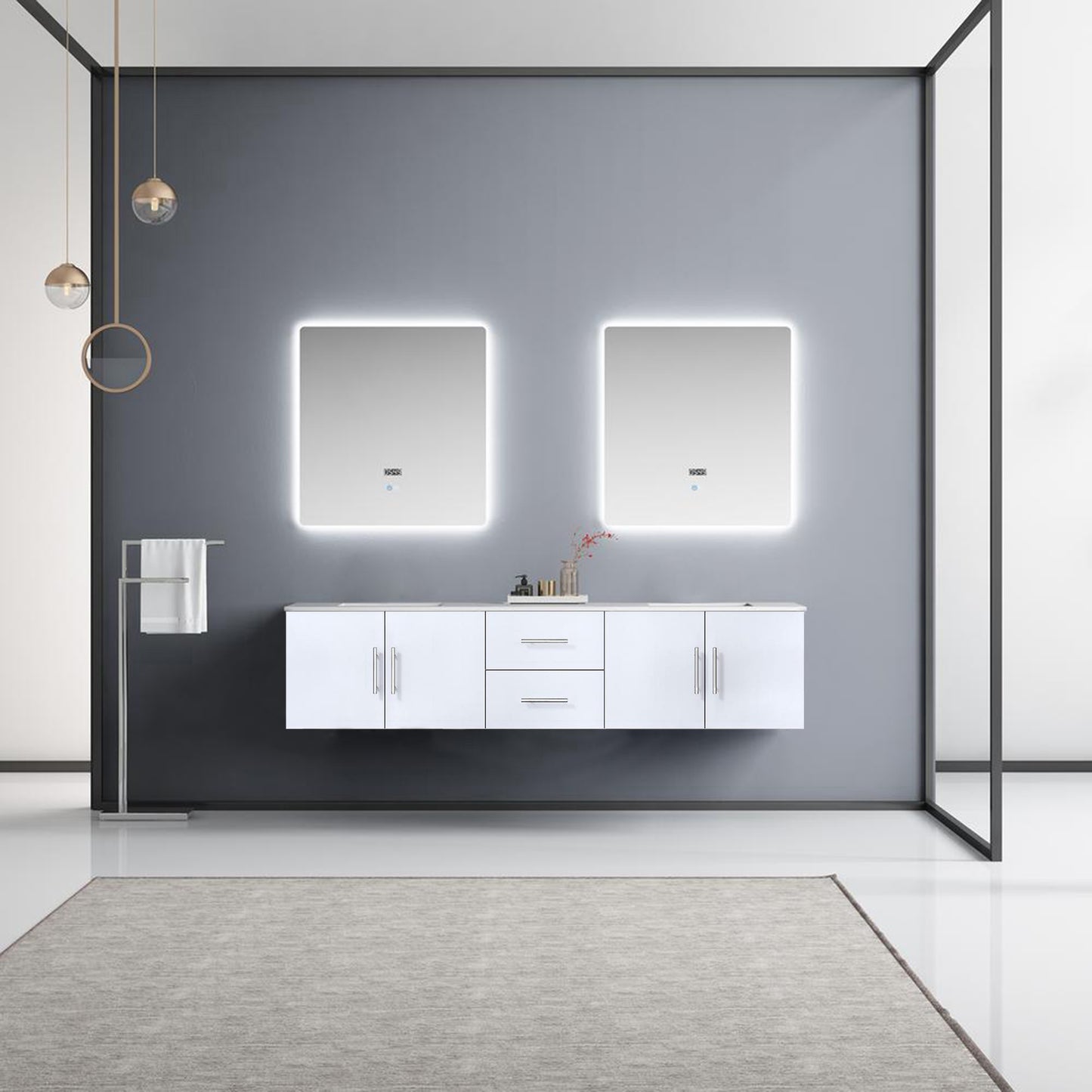 Geneva 80" Glossy White Double Vanity, White Carrara Marble Top, White Square Sinks and 30" LED Mirrors