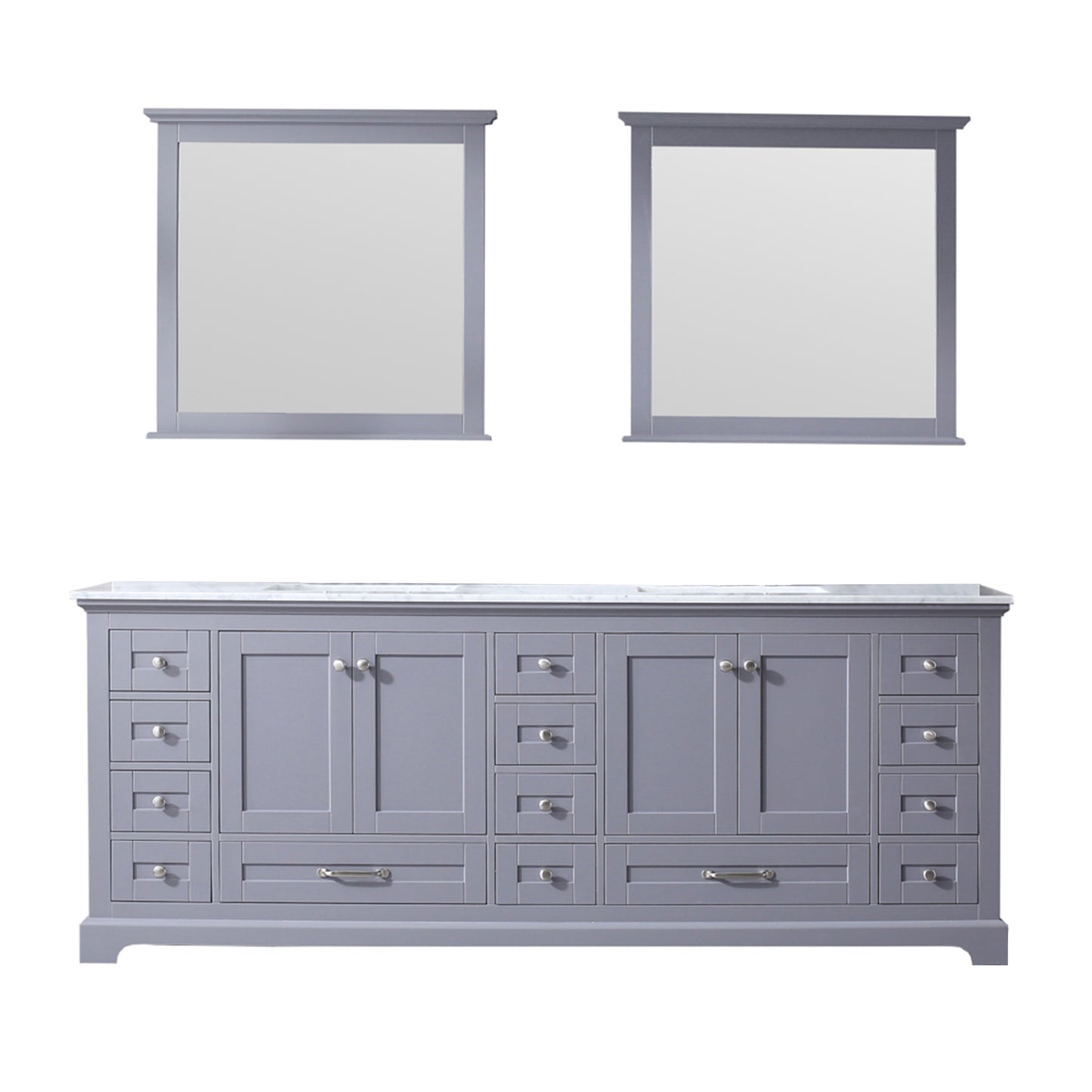 Dukes 84" Dark Grey Double Vanity, White Carrara Marble Top, White Square Sinks and 34" Mirrors