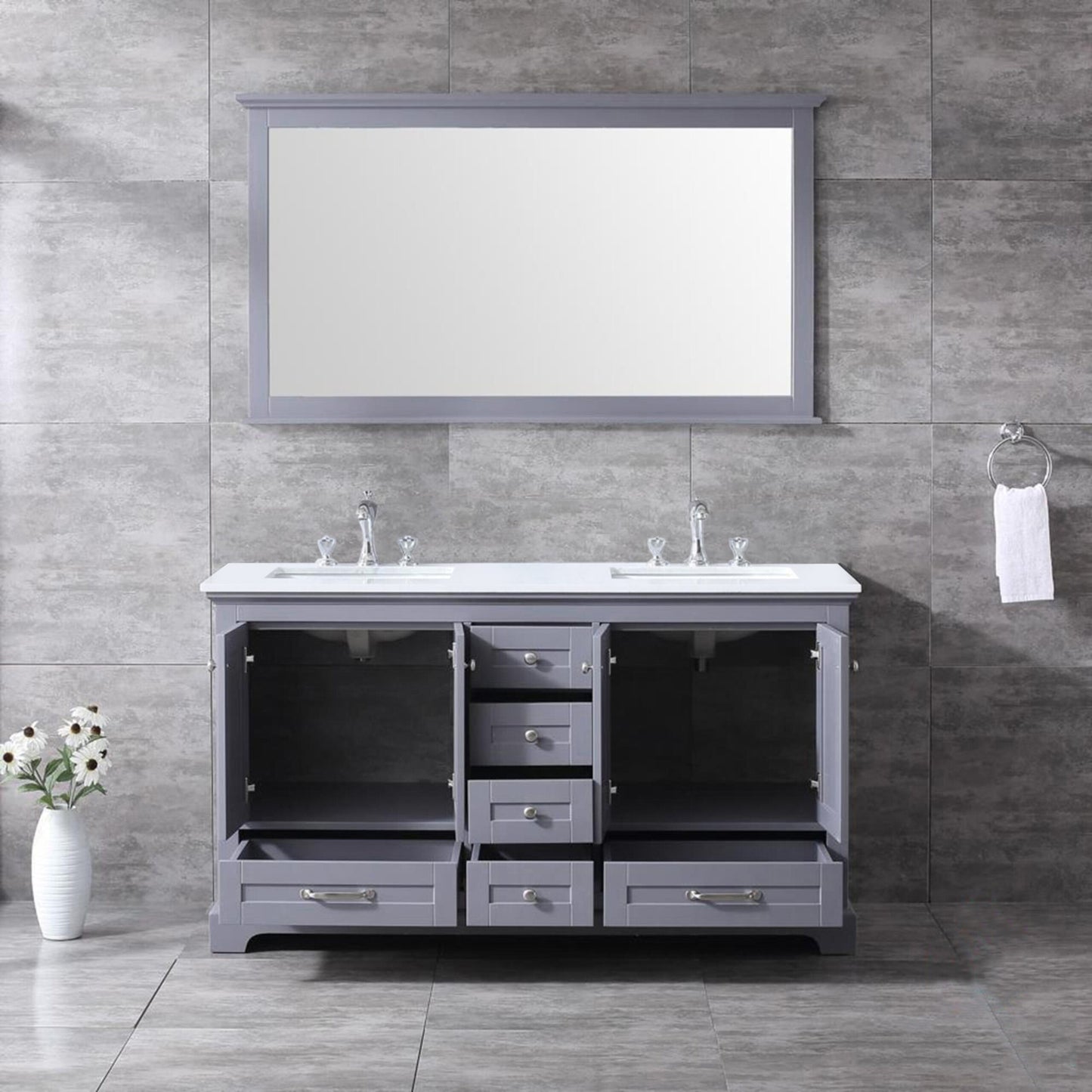 Dukes 60" Dark Grey Double Vanity, White Quartz Top, White Square Sinks and 58" Mirror