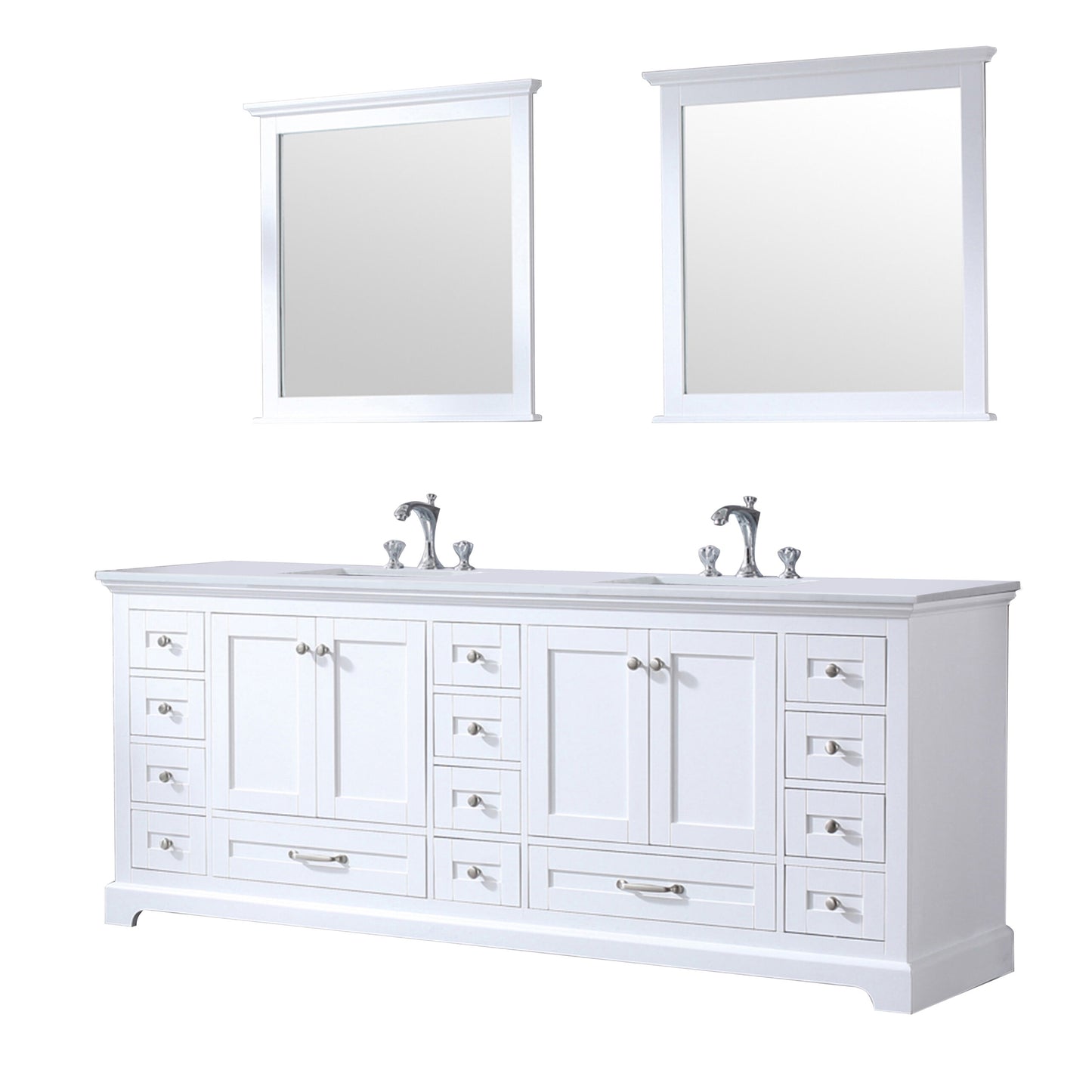 Dukes 84" White Double Vanity, White Quartz Top, White Square Sinks and 34" Mirrors