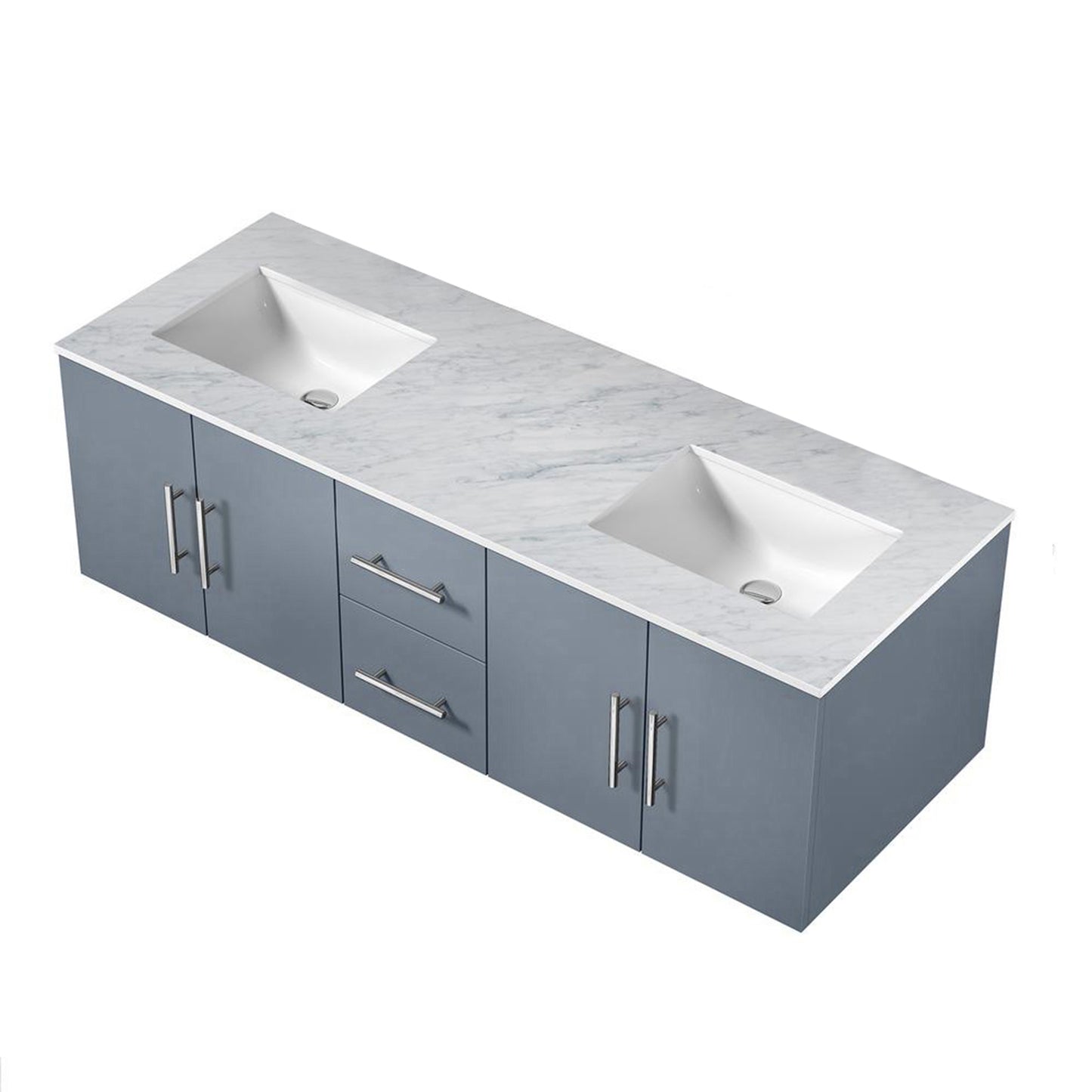 Geneva 60" Dark Grey Double Vanity, White Carrara Marble Top, White Square Sinks and 60" LED Mirror