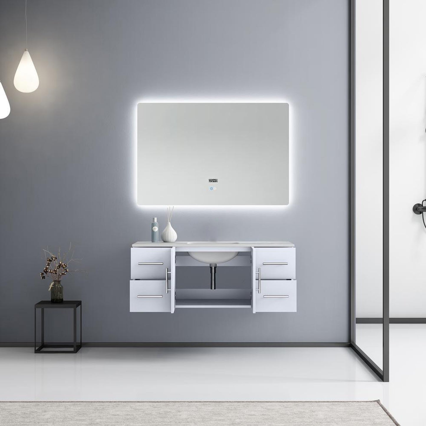 Geneva 48" Glossy White Single Vanity, White Carrara Marble Top, White Square Sink and 48" LED Mirror