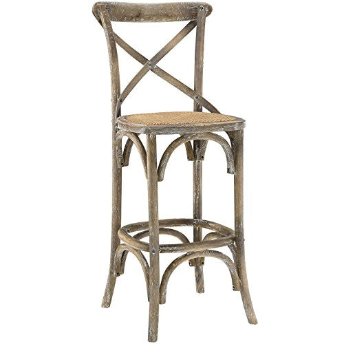 Modway Gear Rustic Farmhouse Elm Wood Rattan Bar Stool in Gray - Fully Assembled