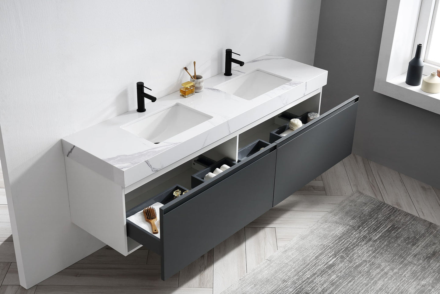 MANAROLA 72” DARK GRAY WITH THICK QUARTZ WALL MOUNT MODERN BATHROOM VANITY