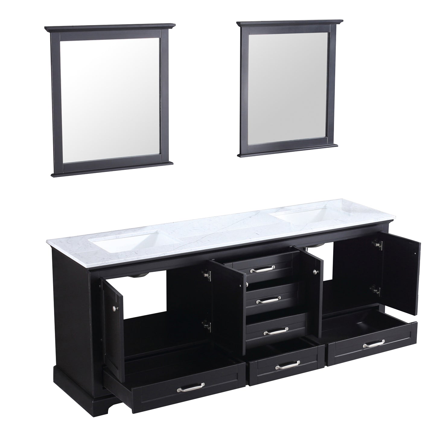 Dukes 80" Espresso Double Vanity, White Carrara Marble Top, White Square Sinks and 30" Mirrors