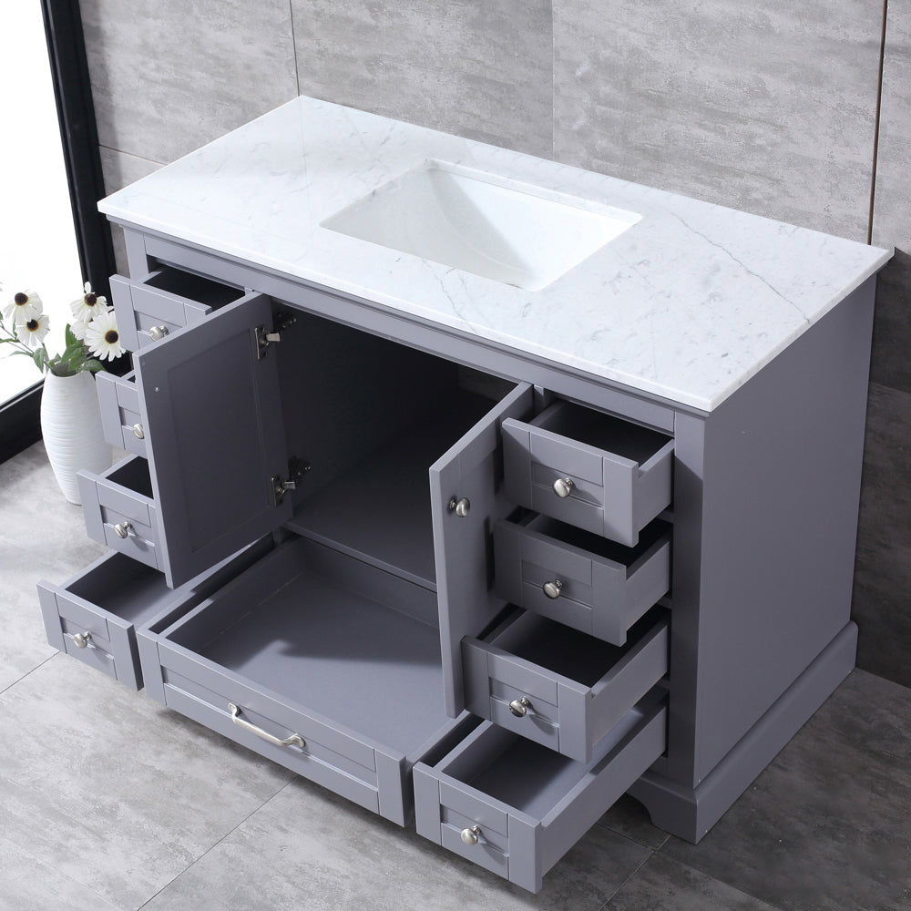 Dukes 48" Dark Grey Single Vanity, White Carrara Marble Top, White Square Sink and no Mirror