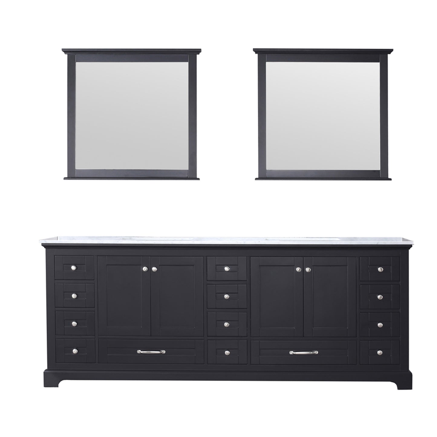 Dukes 84" Espresso Double Vanity, White Carrara Marble Top, White Square Sinks and 34" Mirrors