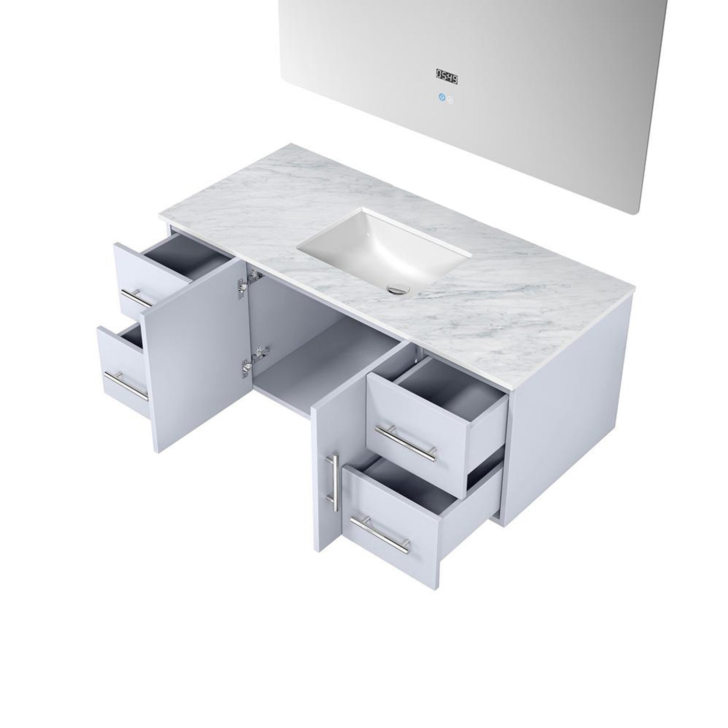 Geneva 48" Glossy White Single Vanity, White Carrara Marble Top, White Square Sink and 48" LED Mirror