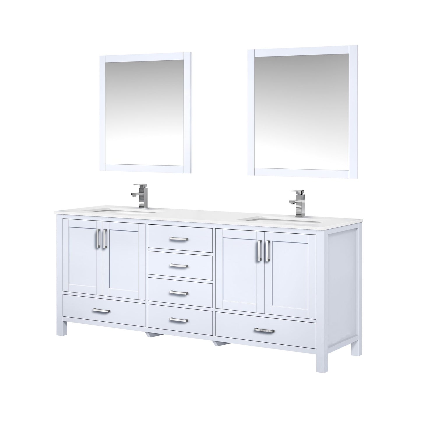 Jacques 80" White Double Vanity, White Quartz Top, White Square Sinks and 30" Mirrors