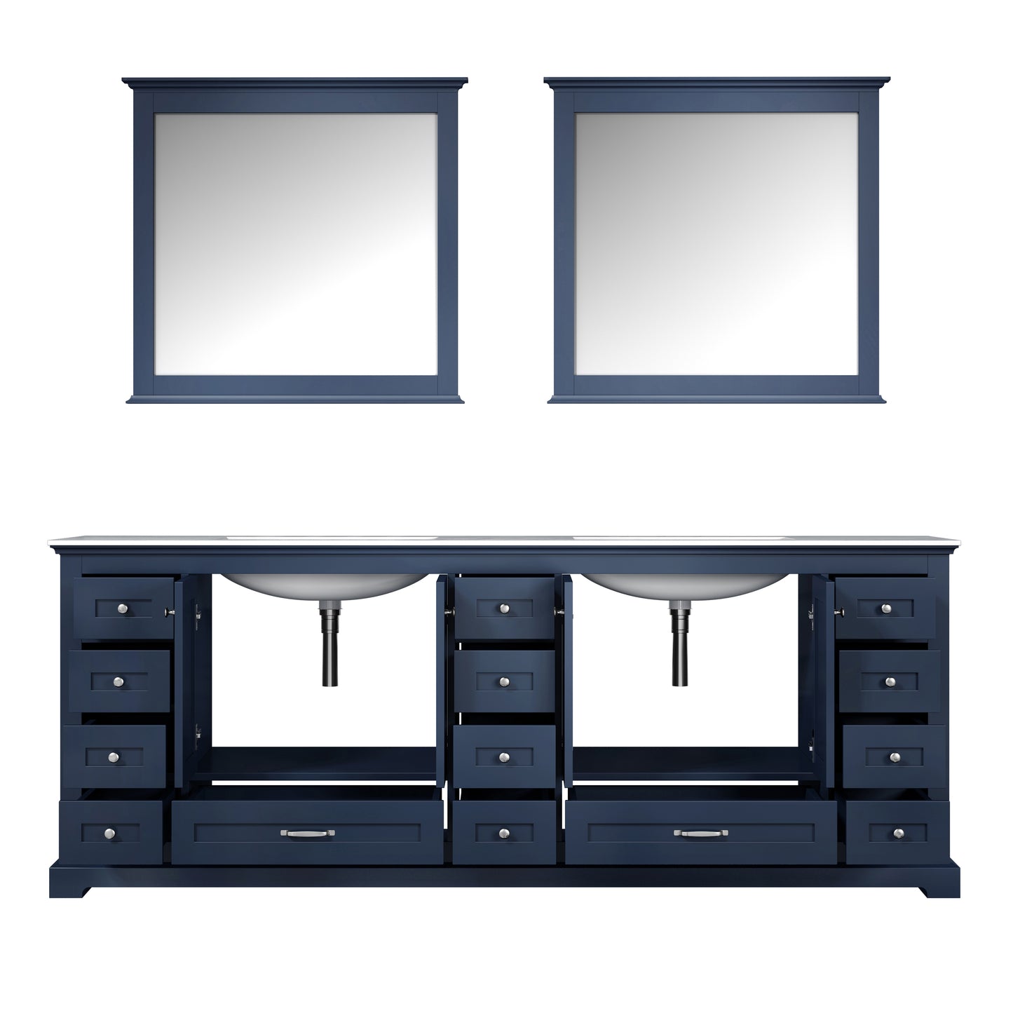 Dukes 84" Navy Blue Double Vanity, White Carrara Marble Top, White Square Sinks and 34" Mirrors