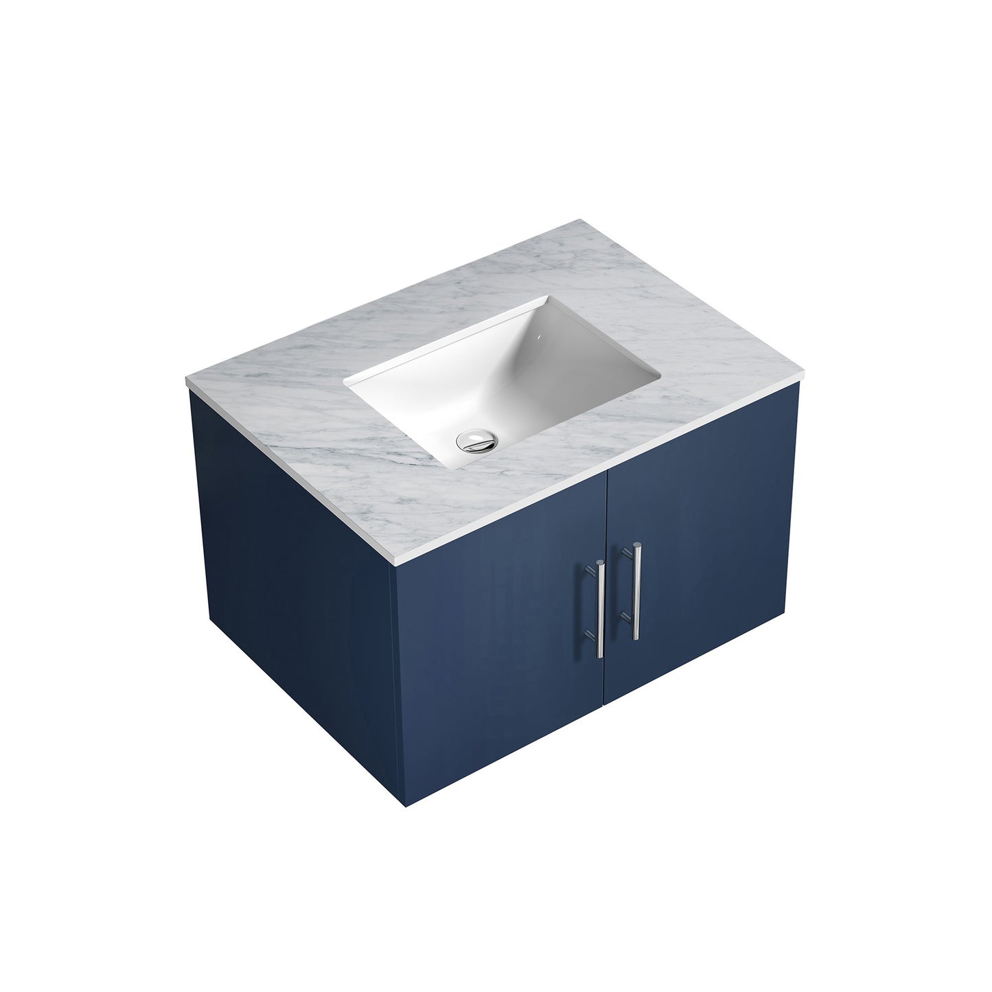 Geneva 30" Navy Blue Single Vanity, White Carrara Marble Top, White Square Sink and no Mirror