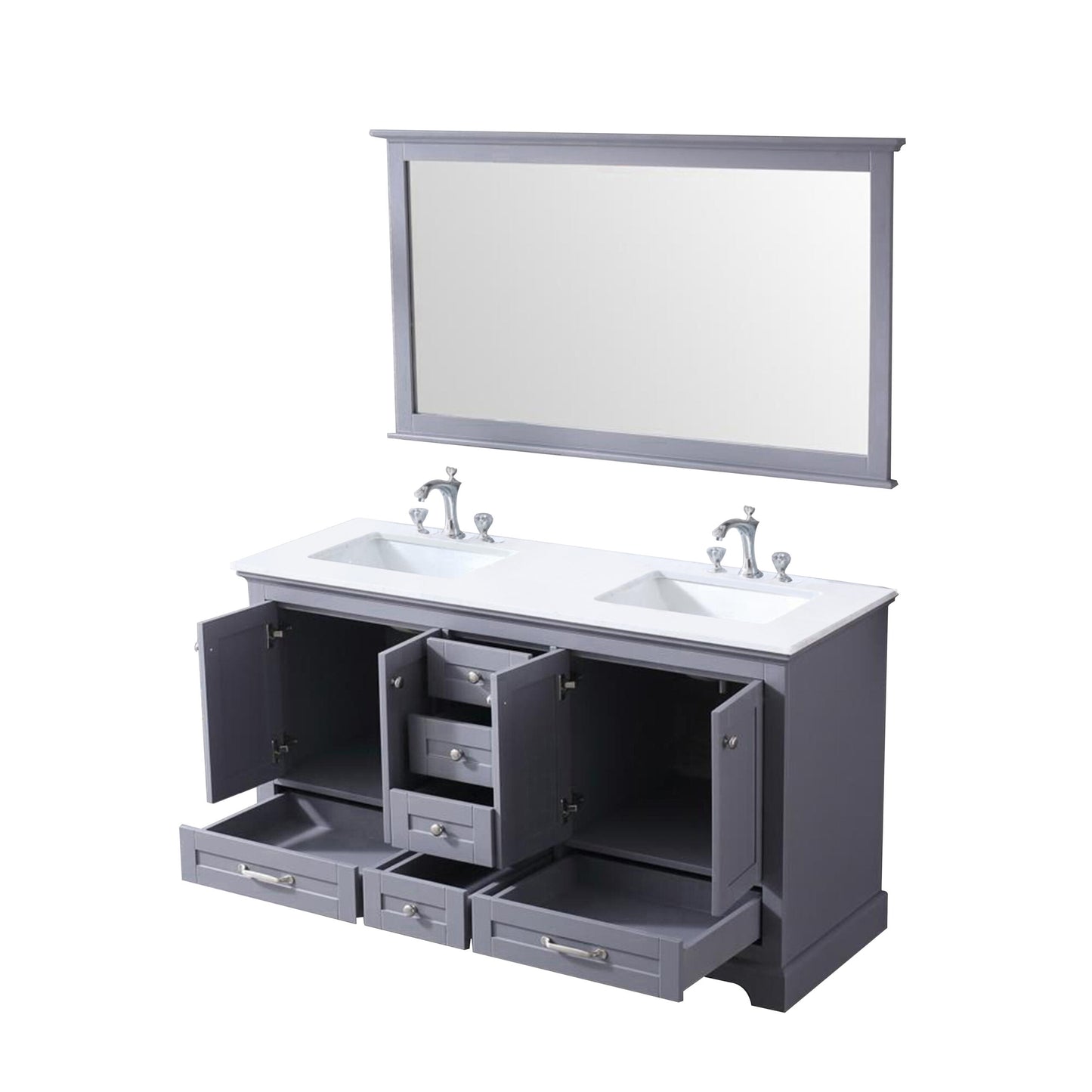 Dukes 60" Dark Grey Double Vanity, White Quartz Top, White Square Sinks and 58" Mirror