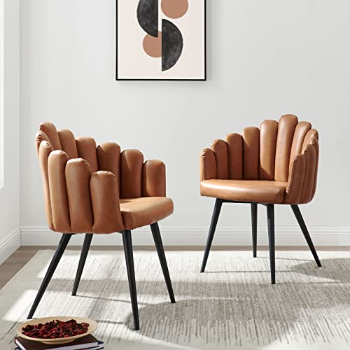 Modway Vegan Leather Channel Tufted Set of 2 in Black Tan Dining Chair