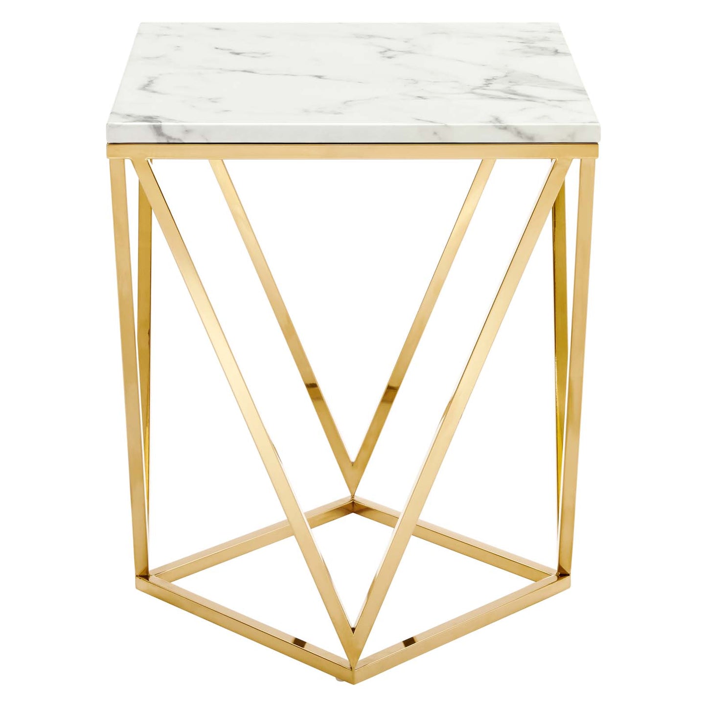 Modway Vertex Geometric Artificial Marble Side End Table in Gold White