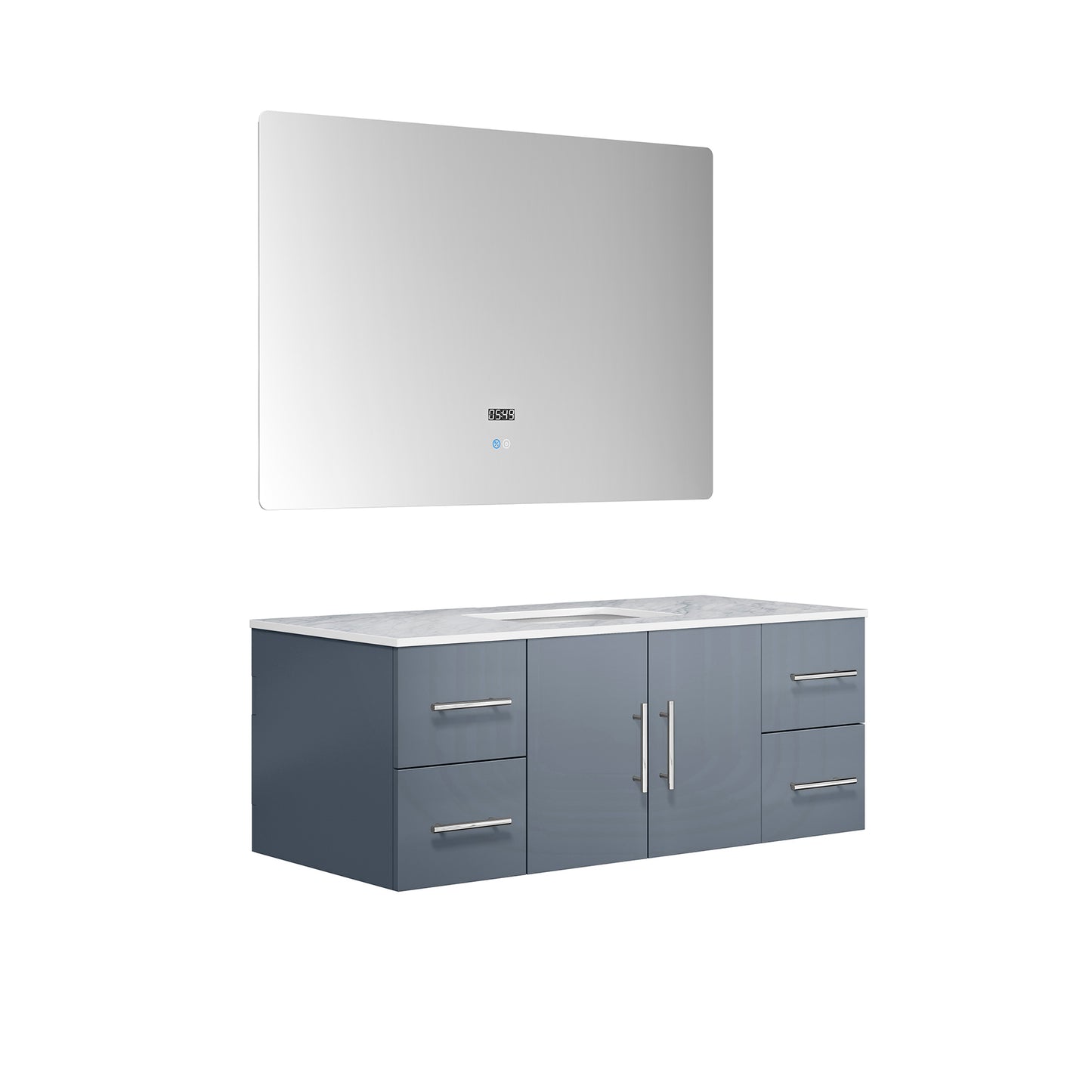 Geneva 48" Dark Grey Single Vanity, White Carrara Marble Top, White Square Sink and 48" LED Mirror