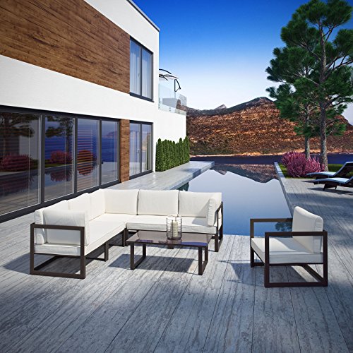 Modway Fortuna 7 Piece Outdoor Patio Sectional Sofa Set in Brown White