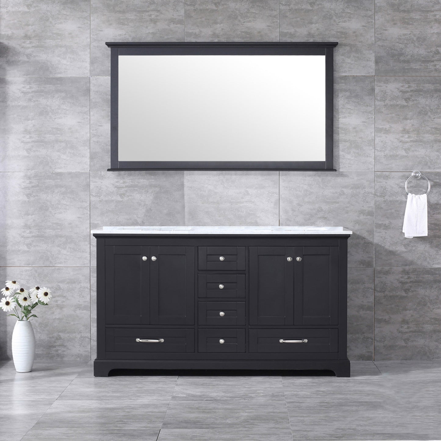 Dukes 60" Espresso Double Vanity, White Carrara Marble Top, White Square Sinks and 58" Mirror