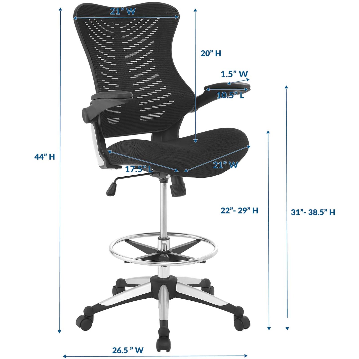 Modway Charge Drafting Chair - Reception Desk Chair - Drafting Stool with Flip-Up Arms in Black