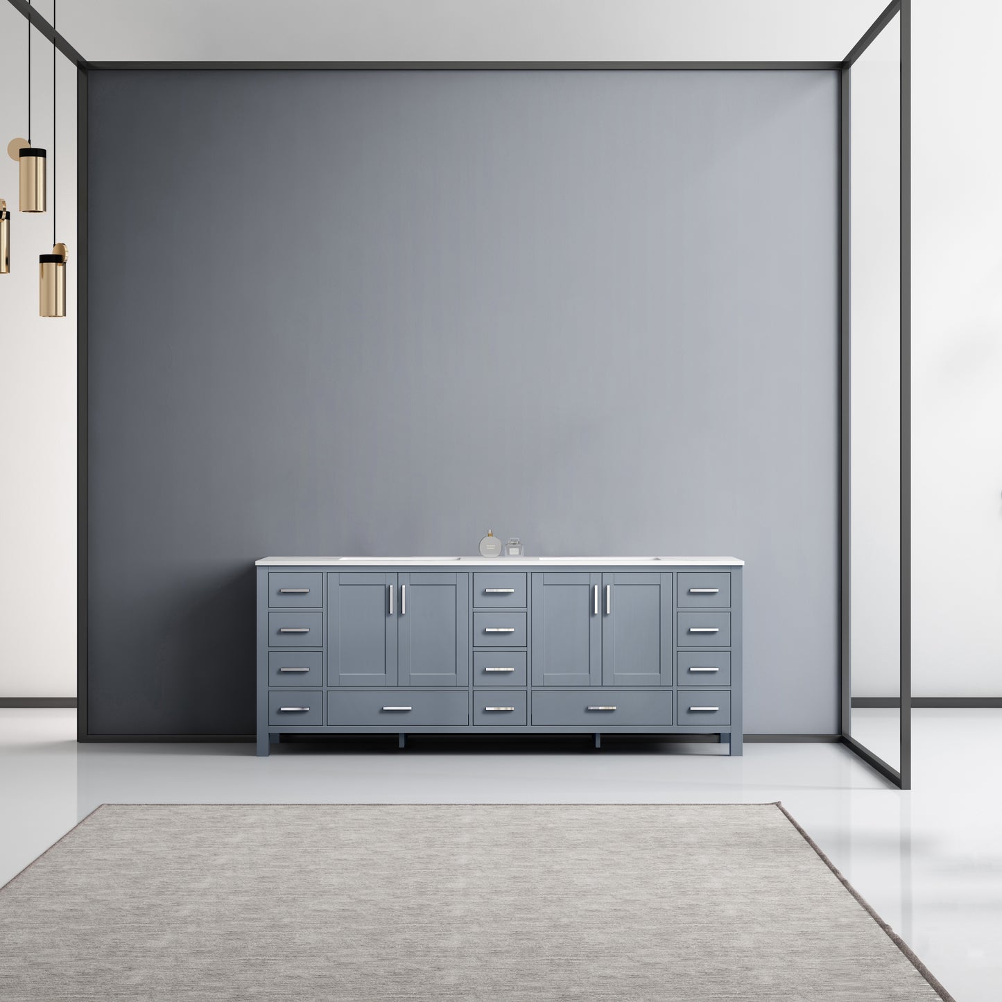 Jacques 84" Dark Grey Double Vanity, White Carrara Marble Top, White Square Sinks and no Mirror