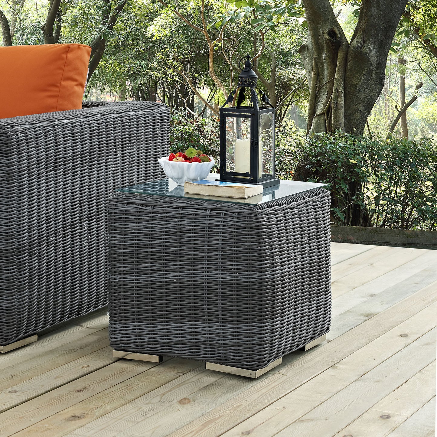 Modway EEI-1867-GRY Summon Wicker Rattan Outdoor Patio Square Side Table, Gray