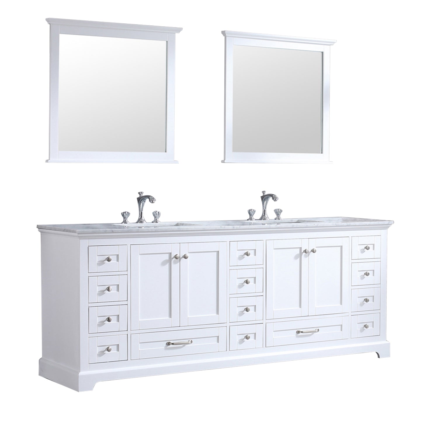 Dukes 84" White Double Vanity, White Carrara Marble Top, White Square Sinks and 34" Mirrors w/ Faucets