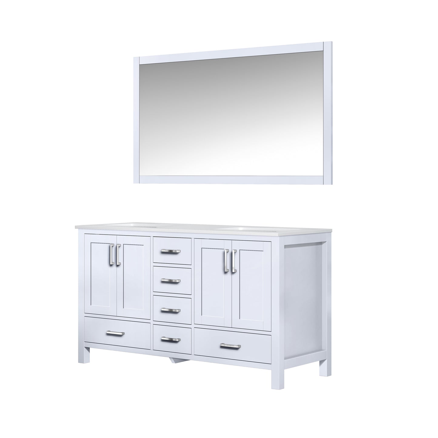 Jacques 60" White Double Vanity, White Quartz Top, White Square Sinks and 58" Mirror