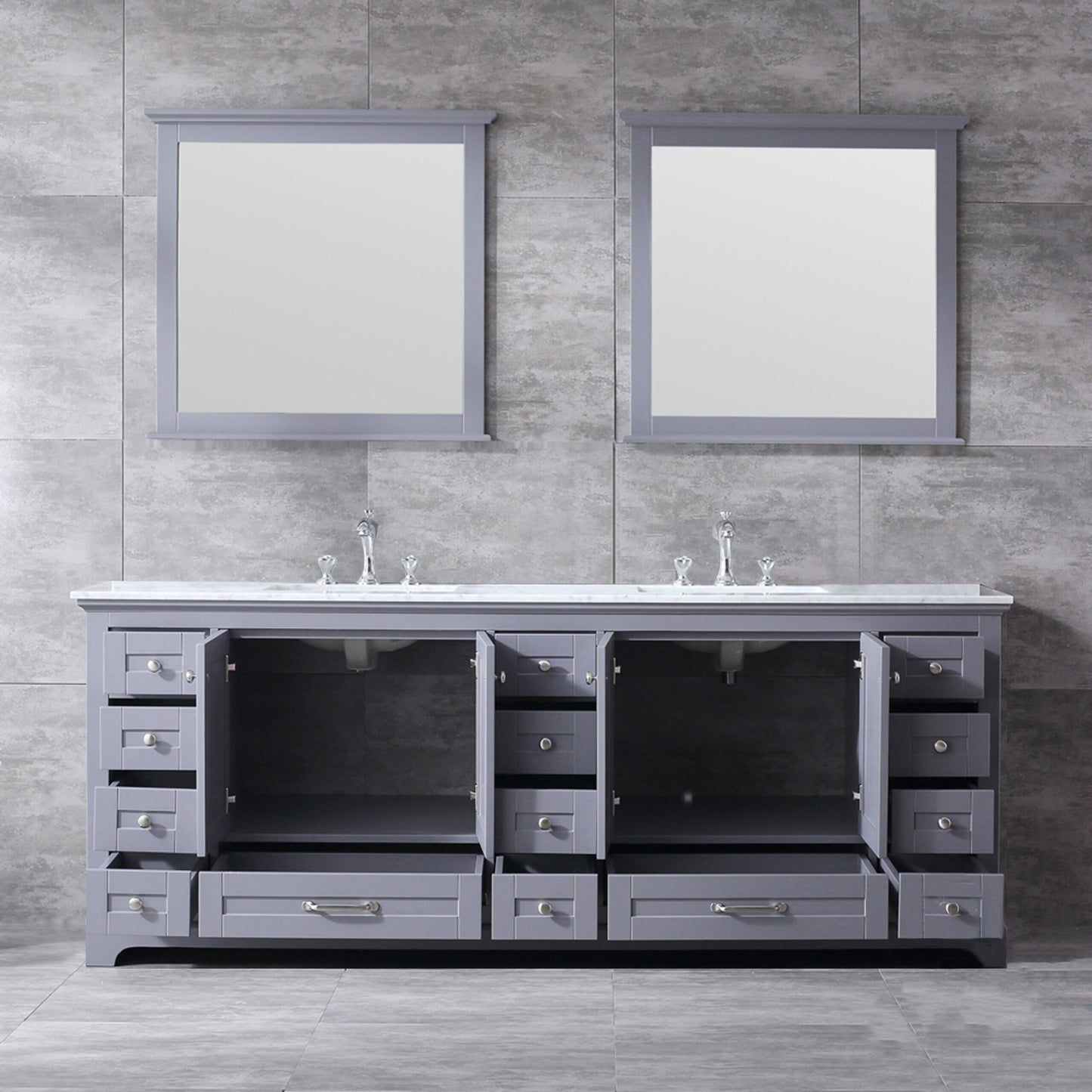 Dukes 84" Dark Grey Double Vanity, White Quartz Top, White Square Sinks and 34" Mirrors w/ Faucets