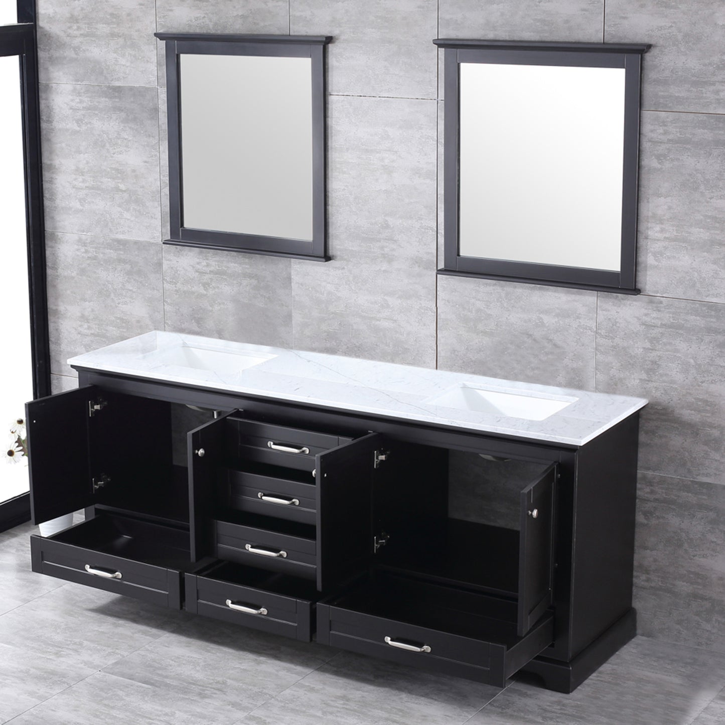 Dukes 80" Espresso Double Vanity, White Carrara Marble Top, White Square Sinks and 30" Mirrors