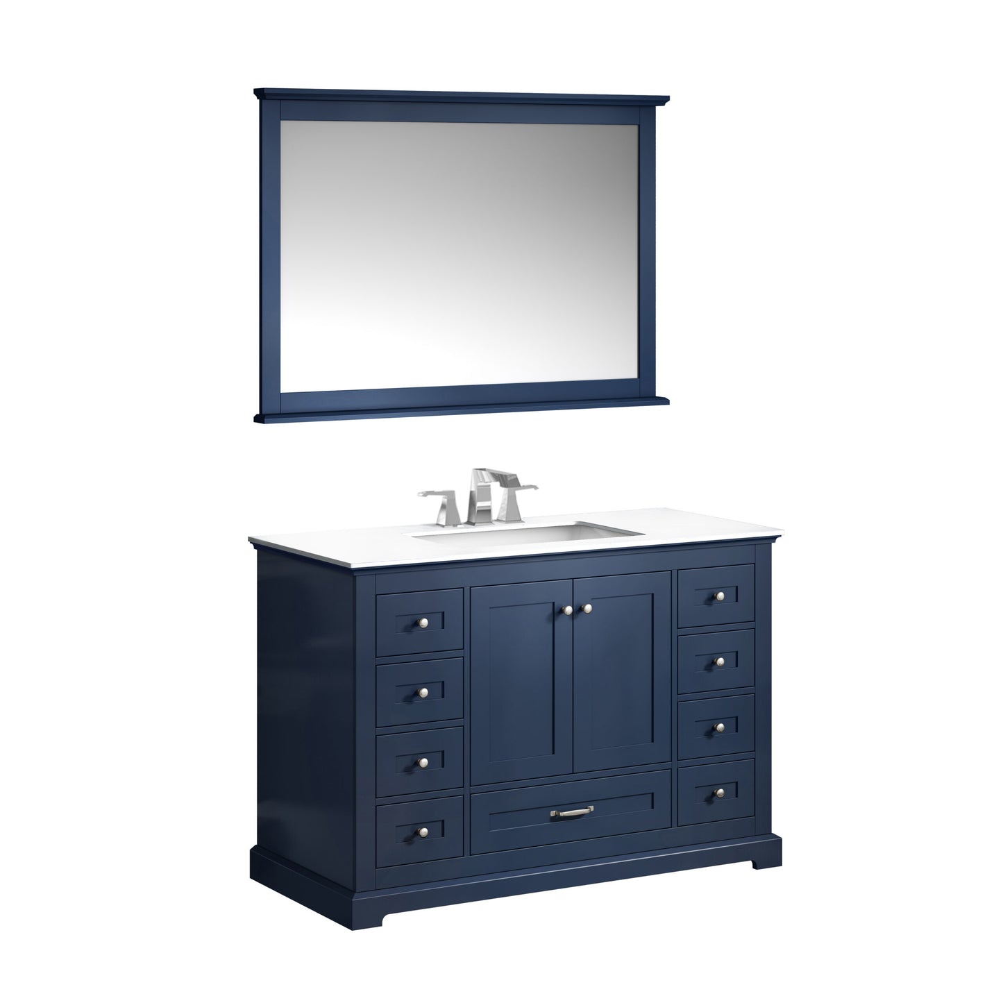 Dukes 48" Navy Blue Single Vanity, White Quartz Top, White Square Sink and 46" Mirror