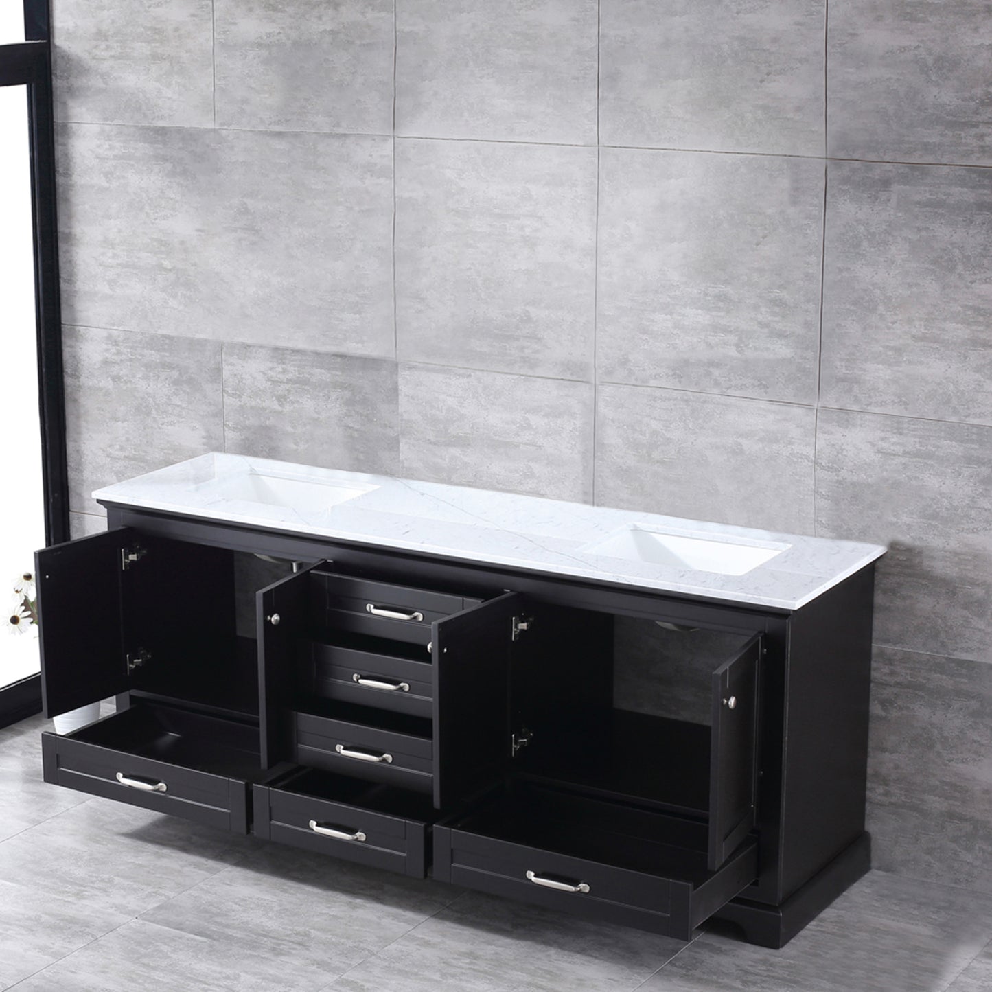 Dukes 80" Espresso Double Vanity, White Carrara Marble Top, White Square Sinks and no Mirror