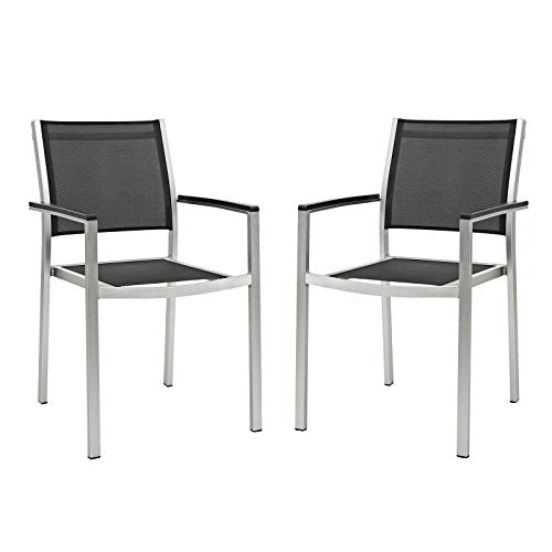 Modway Shore Aluminum Two Outdoor Patio Dining Arm Chairs in Silver Black