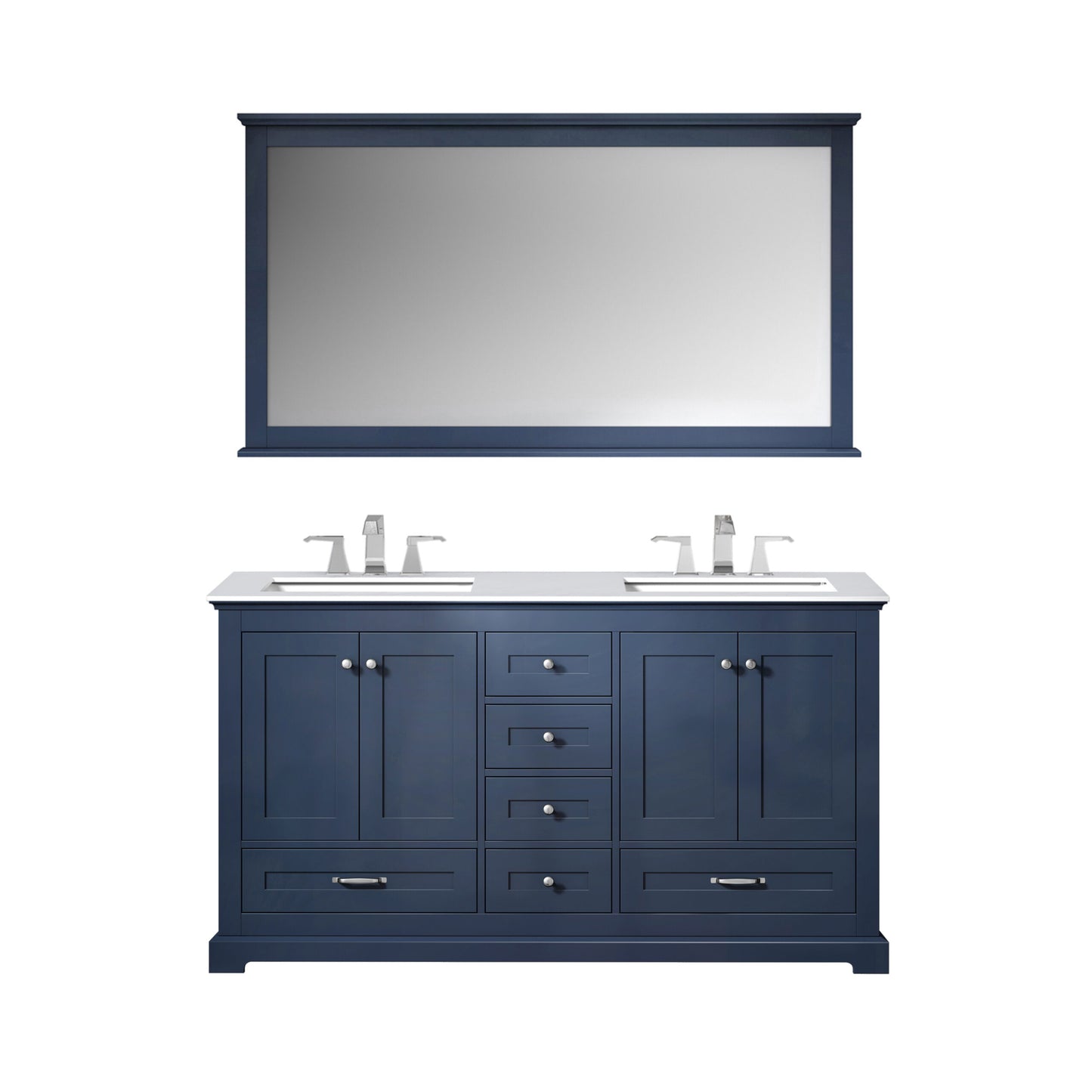 Dukes 60" Navy Blue Double Vanity, White Quartz Top, White Square Sinks and 58" Mirror