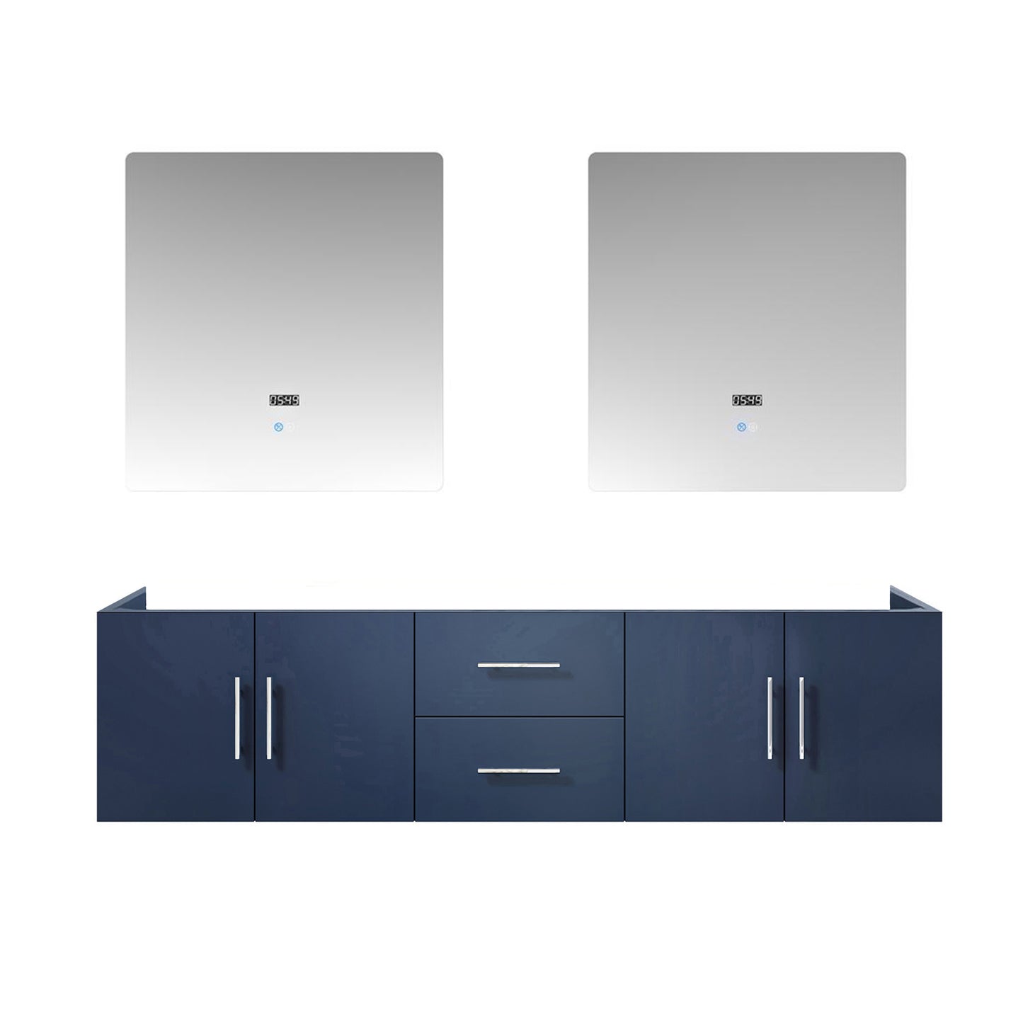 Geneva 72" Navy Blue Double Vanity, no Top and 30" LED Mirrors