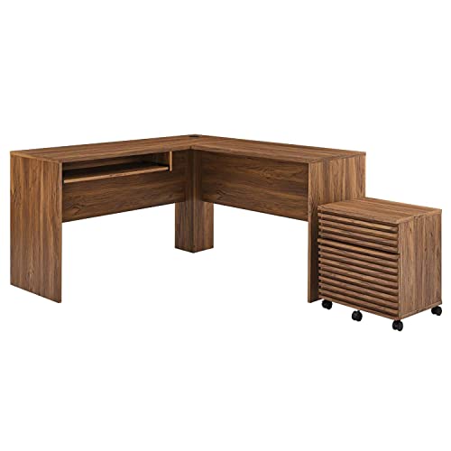 Modway Render Mid-Century Modern Office Desk and File Cabinet in Walnut