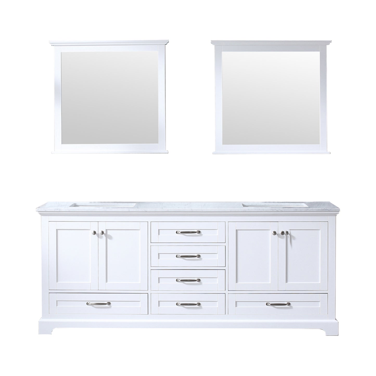 Dukes 80" White Double Vanity, White Carrara Marble Top, White Square Sinks and 30" Mirrors