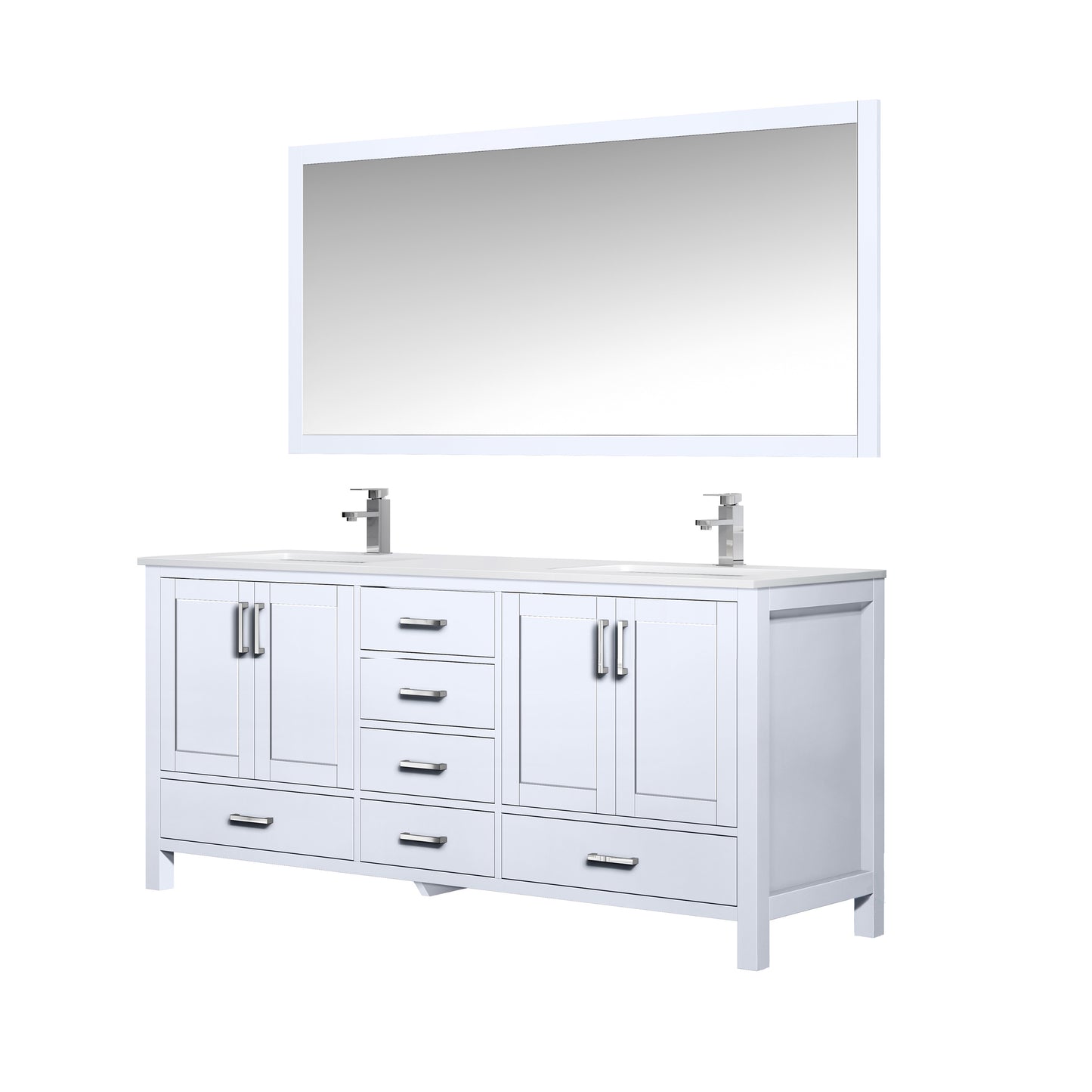 Jacques 72" White Double Vanity, White Quartz Top, White Square Sinks and 70" Mirror w/ Faucets